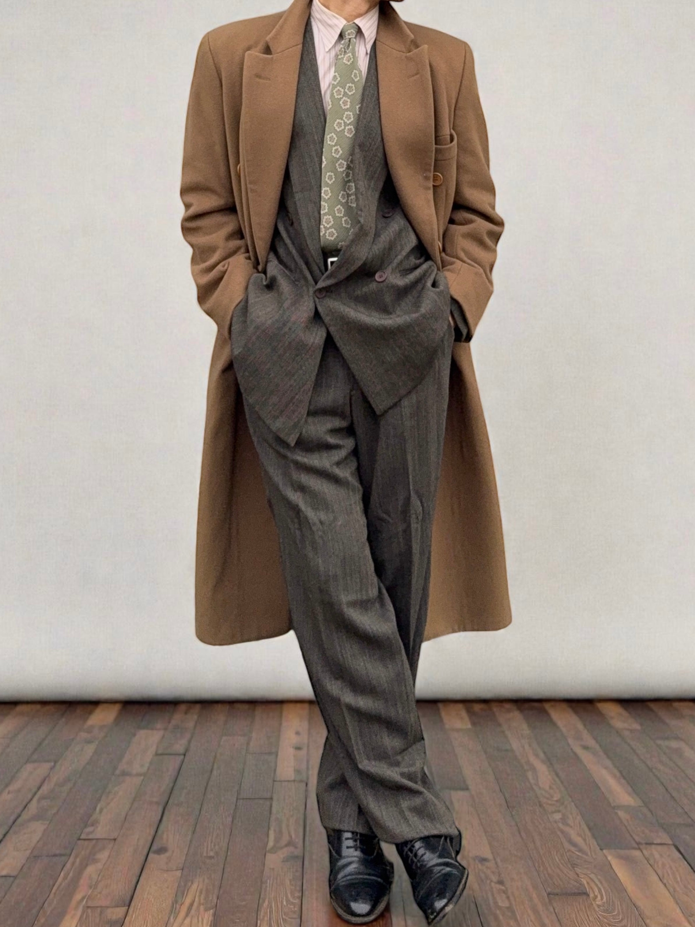 Giorgio Armani 1980s Herringbone Double Breasted Pleated Wool Suit New - Size L Jacket / 32" Waist