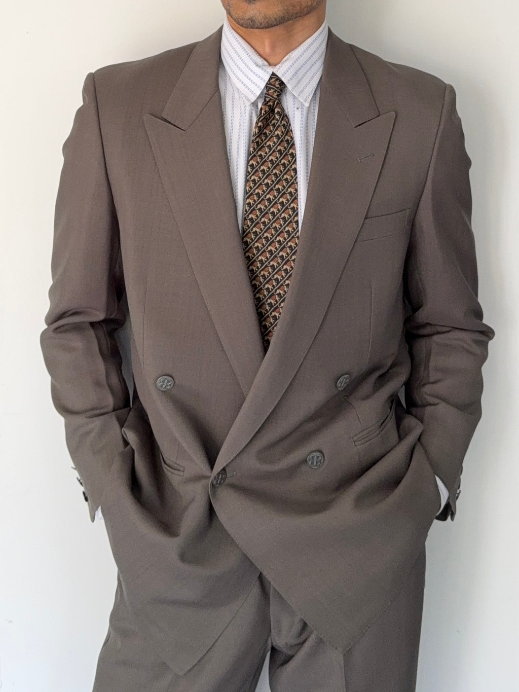 Balenciaga 1990s Peaked Lapel Double Breasted Metal Button Wool Khaki Suit - Size M Jacket / 36" Waist