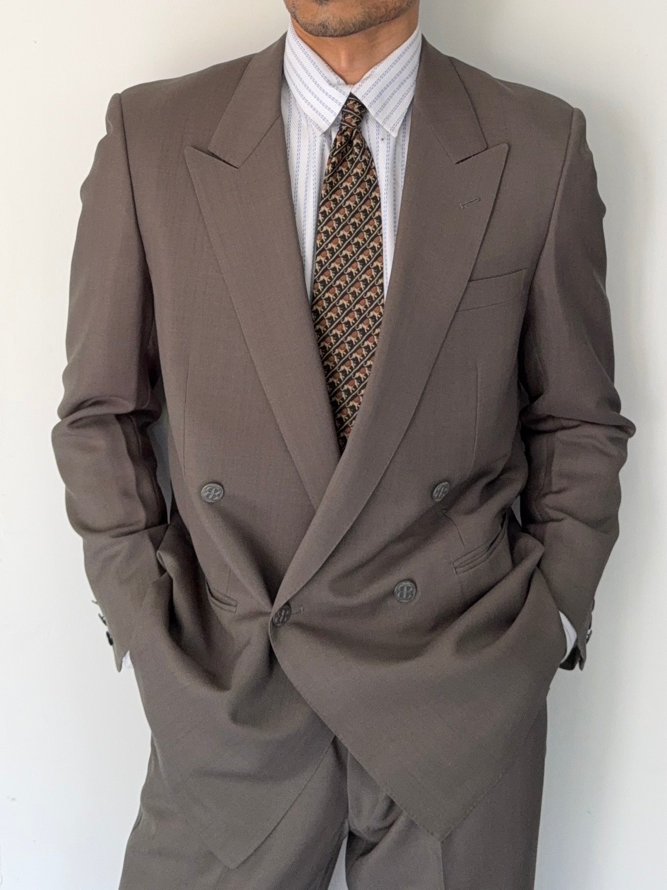 Balenciaga 1990s Peaked Lapel Double Breasted Metal Button Wool Khaki Suit - Size M Jacket / 36" Waist
