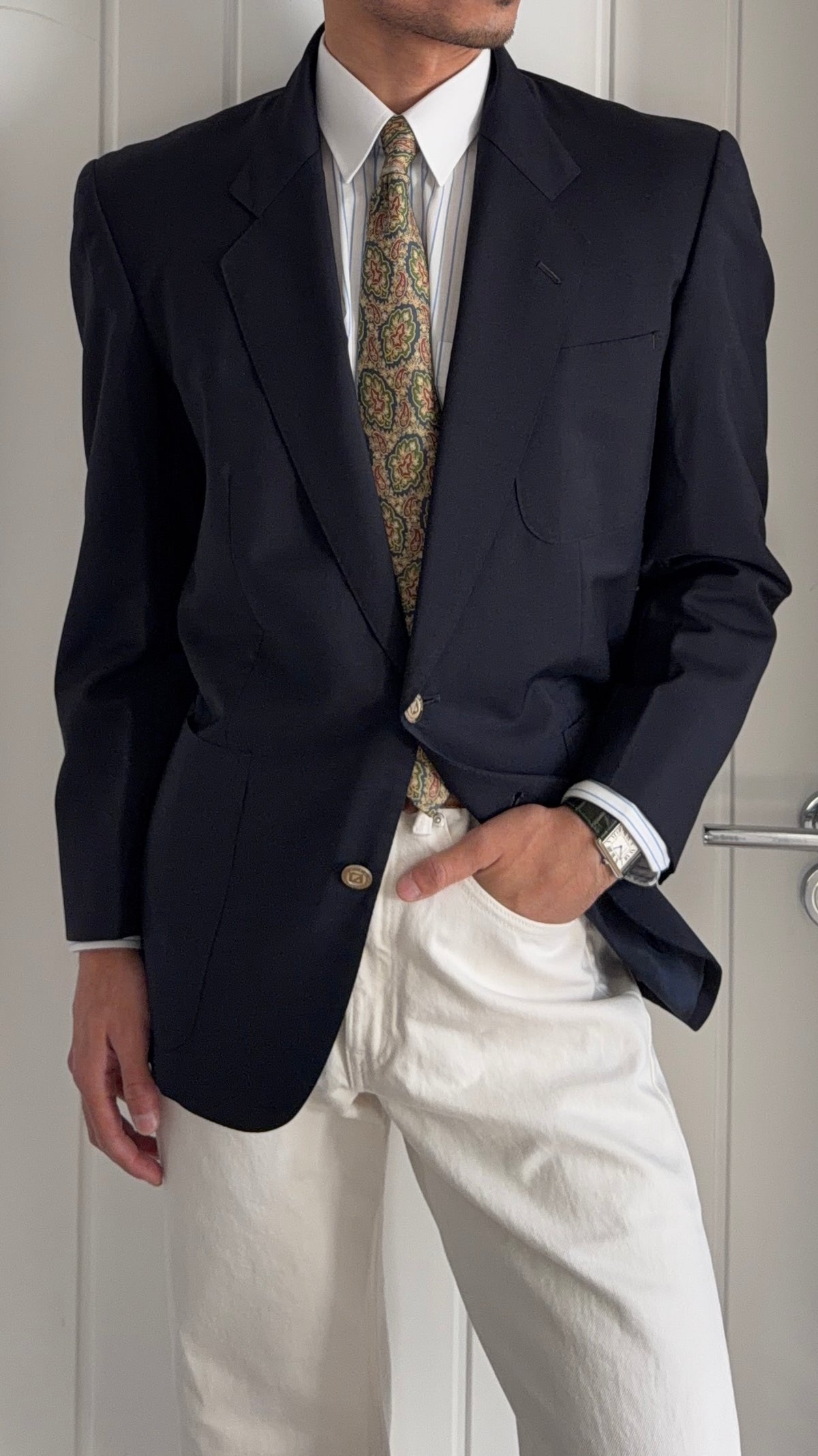 Dior 1980s 2B Metal Button Navy Wool Unlined Sport Jacket Blazer  - Size L