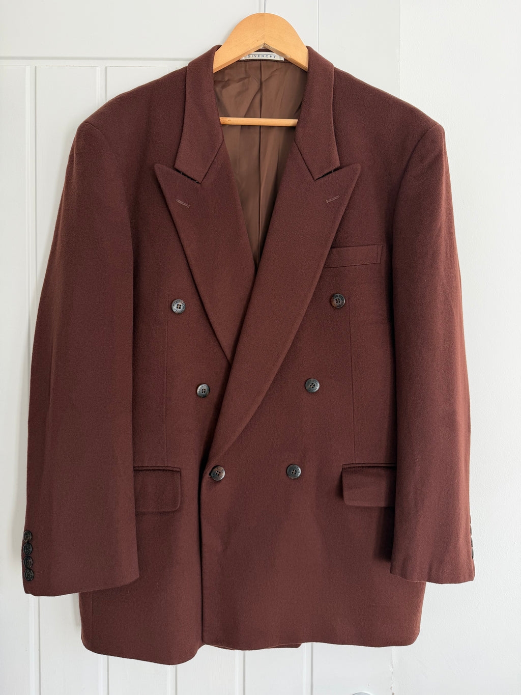 Givenchy 1980s Peaked Lapel Double Breasted Bugundy Wine Wool Cashmere Sport Jacket Blazer  - Size XL
