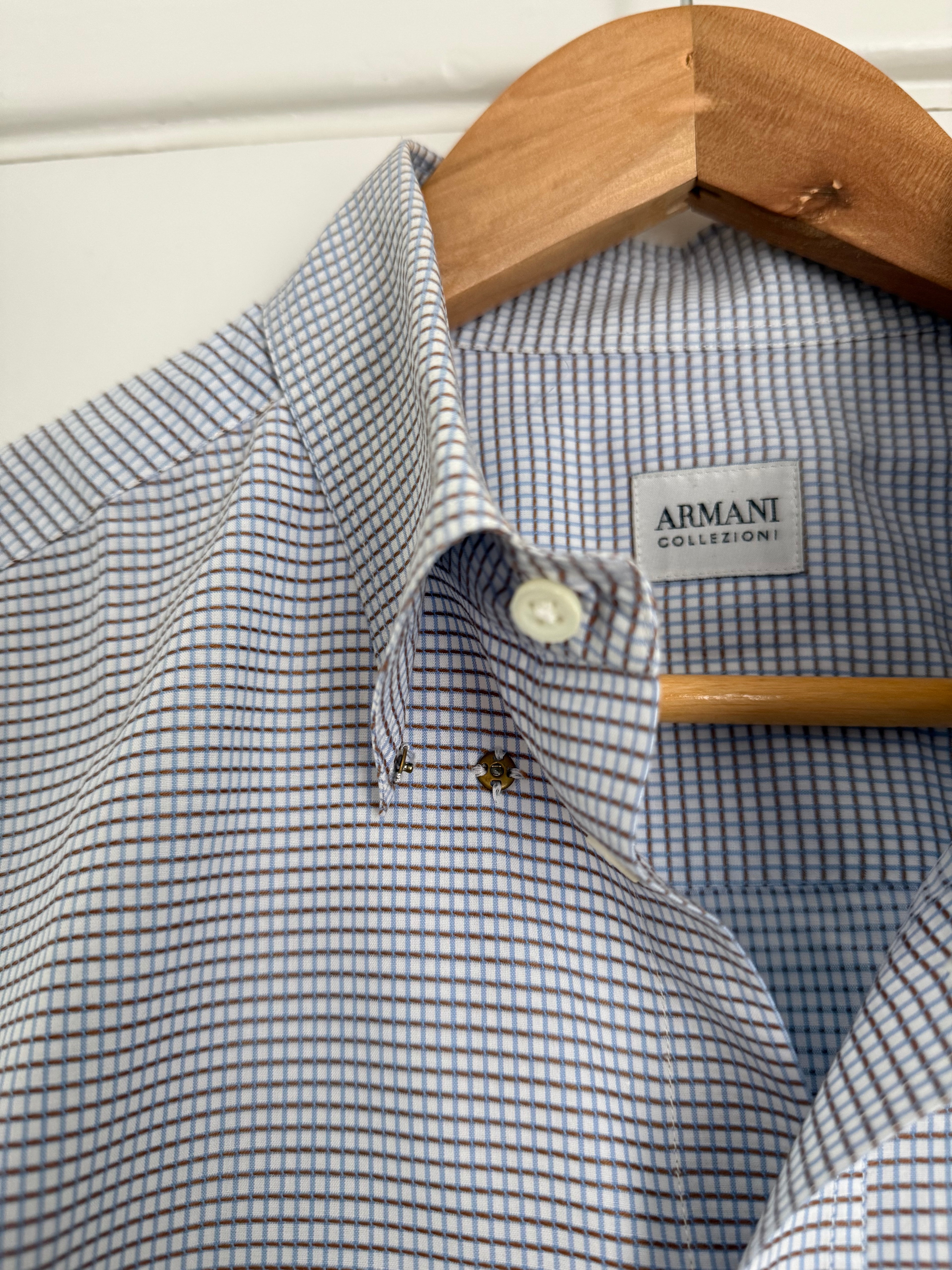 Armani 1990s Snap Collar Check Weave Shirt - Size L