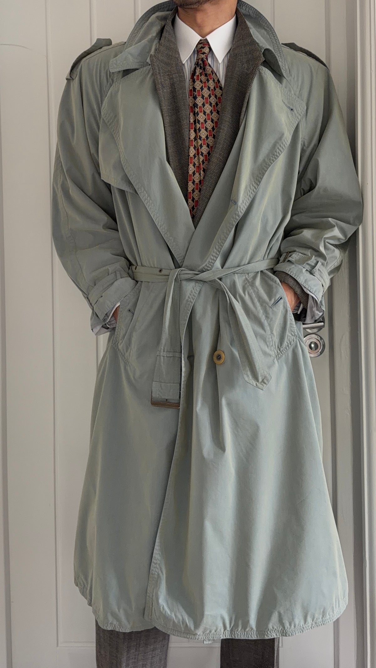 Hugo Boss 1980s Wool Cotton Steel Blue Trench Coat - Size L