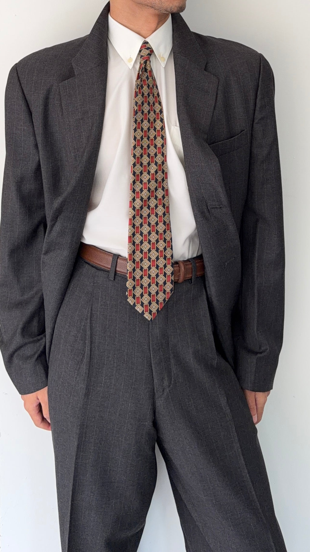 Emporio Armani 1990s 3B Double Pleat Pinstripe Grey Wool Suit - Size XL Jacket / 36" Waist