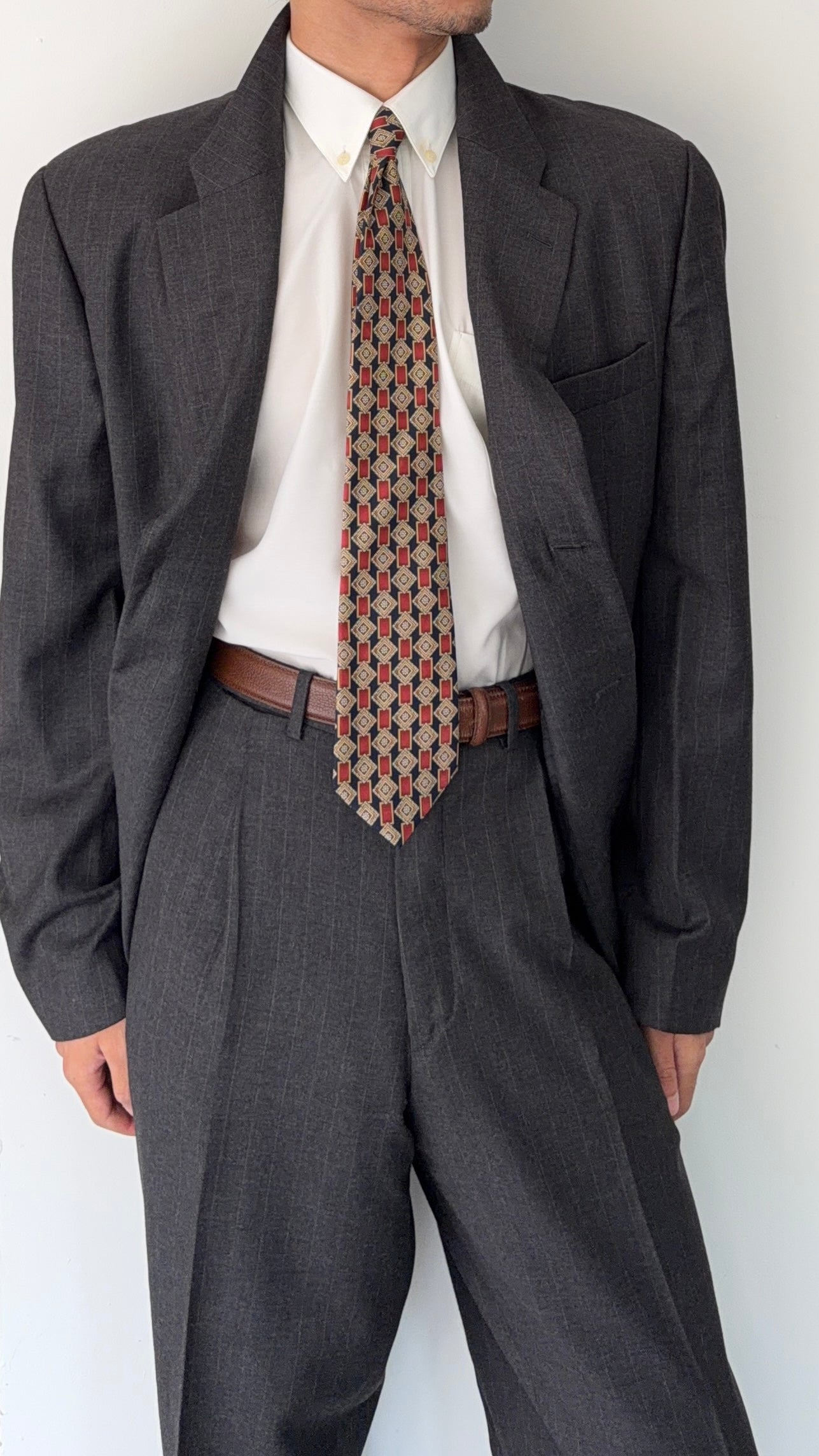 Emporio Armani 1990s 3B Double Pleat Pinstripe Grey Wool Suit - Size XL Jacket / 36" Waist