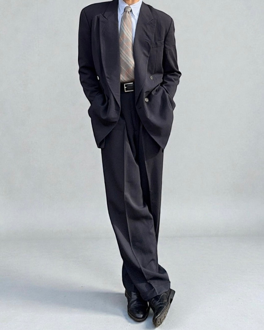 Giorgio Armani 1990s Double Breasted Pleated Navy Wool Suit  - Size L Jacket / 33" Waist