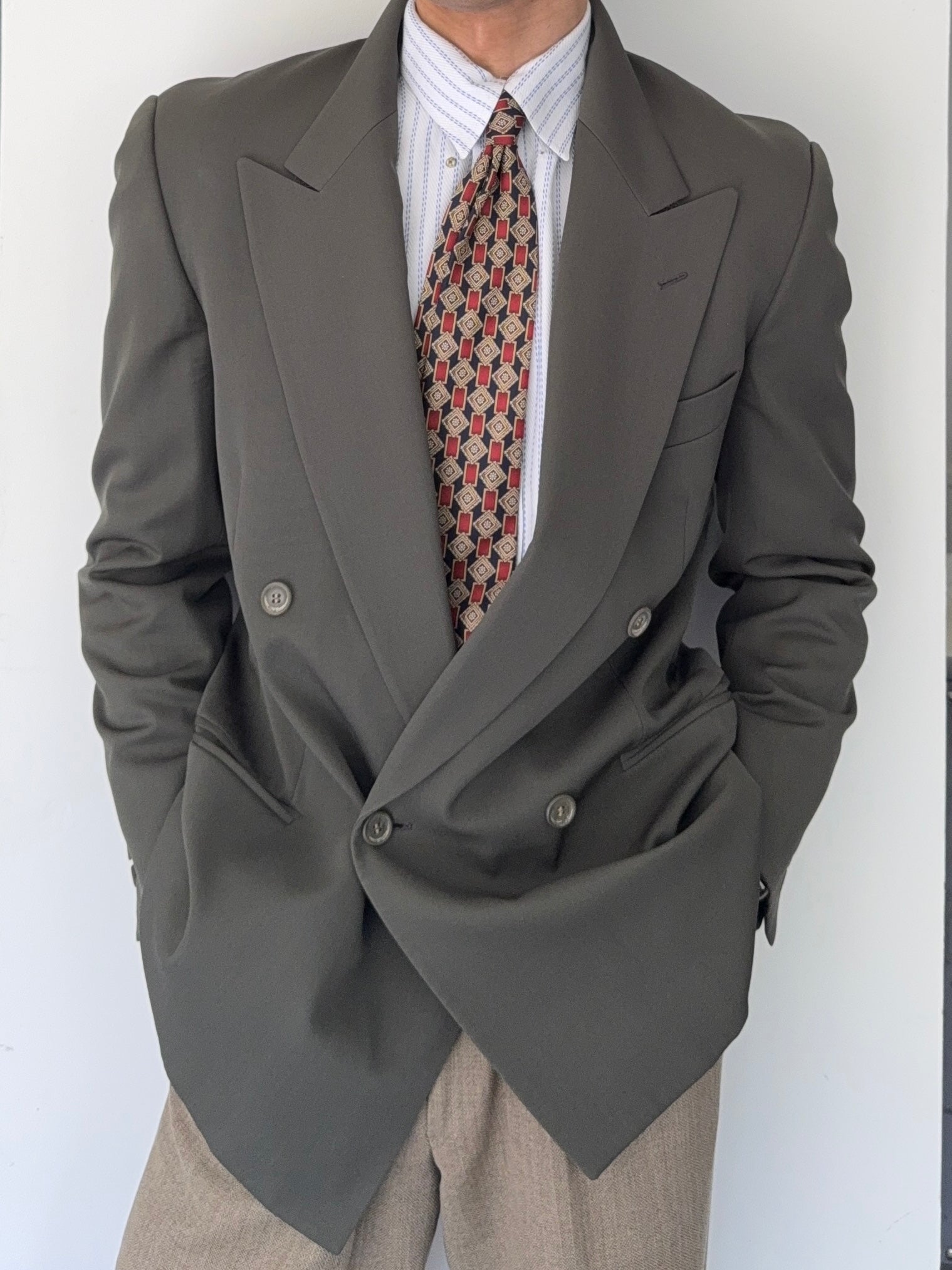 Emporio Armani 1980s Peaked Lapel Double Breasted Wool Sports Jacket Blazer Green - Size S