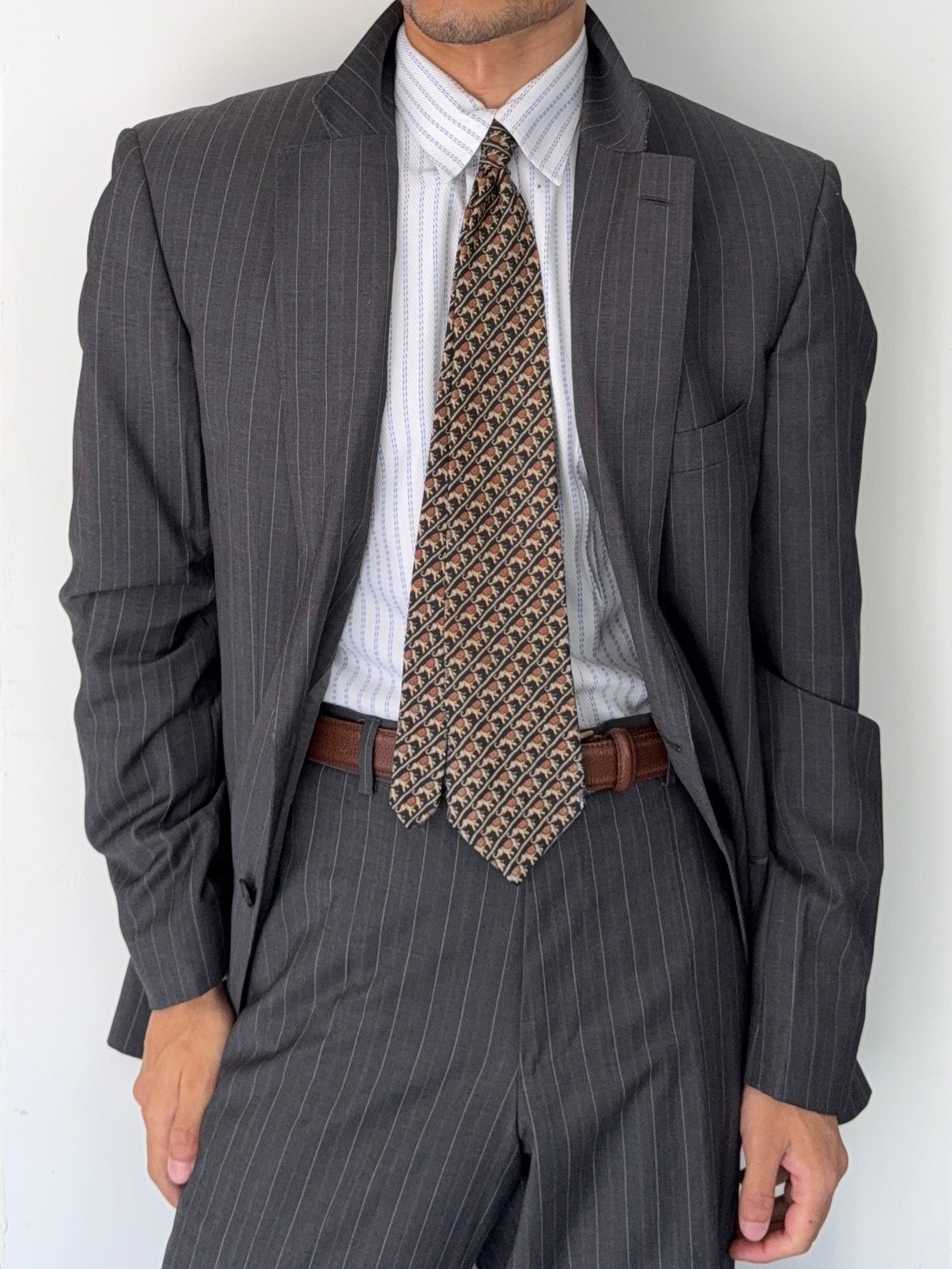 Hugo Boss 1990s 'Reno' Pinstriped 2B Lightweight Wool Grey Suit - Size XXL Jacket / 38" Waist