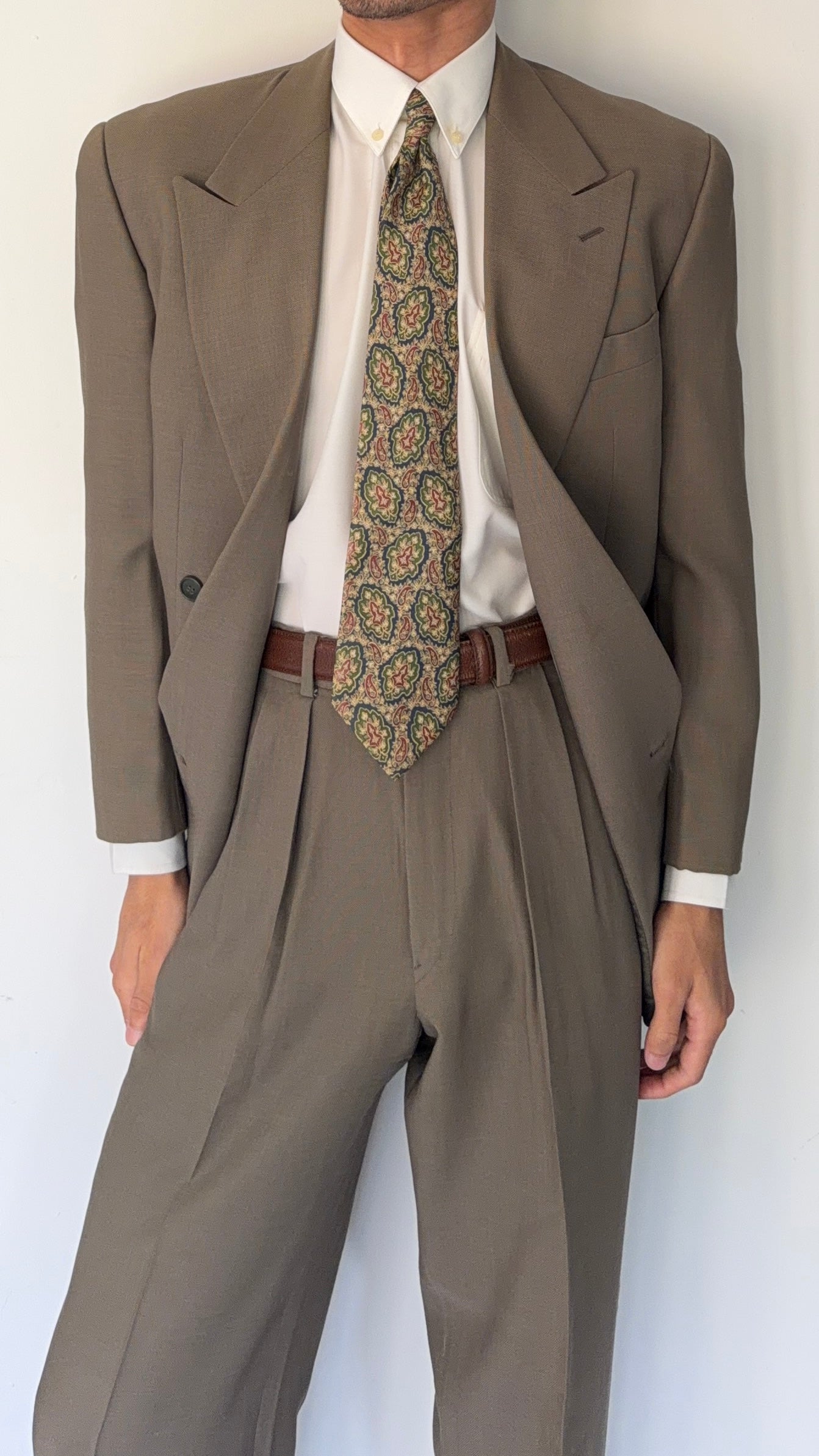 Giorgio Armani 1980s Taupe Green Peaked Lapel Double Breasted Pleated Wool Suit - Size S Jacket / 28" Waist