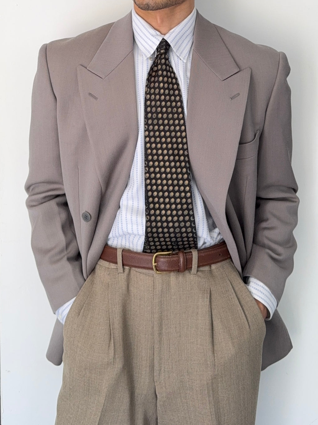 Emporio Armani 1990s Peaked Lapel Double Breasted Taupe Sports Jacket Blazer - Size S