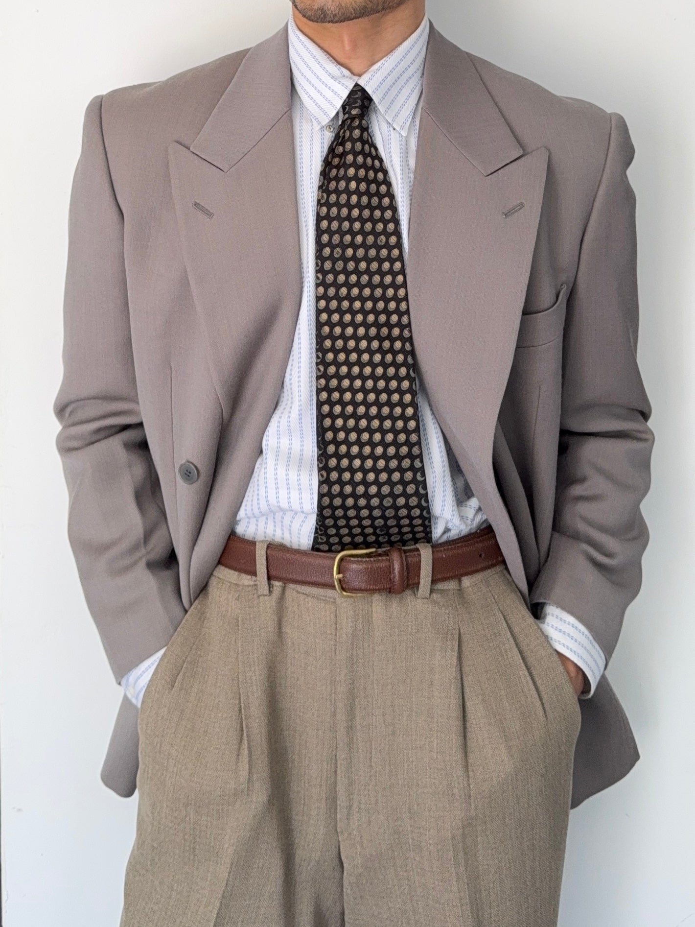 Emporio Armani 1990s Peaked Lapel Double Breasted Taupe Sports Jacket Blazer - Size S