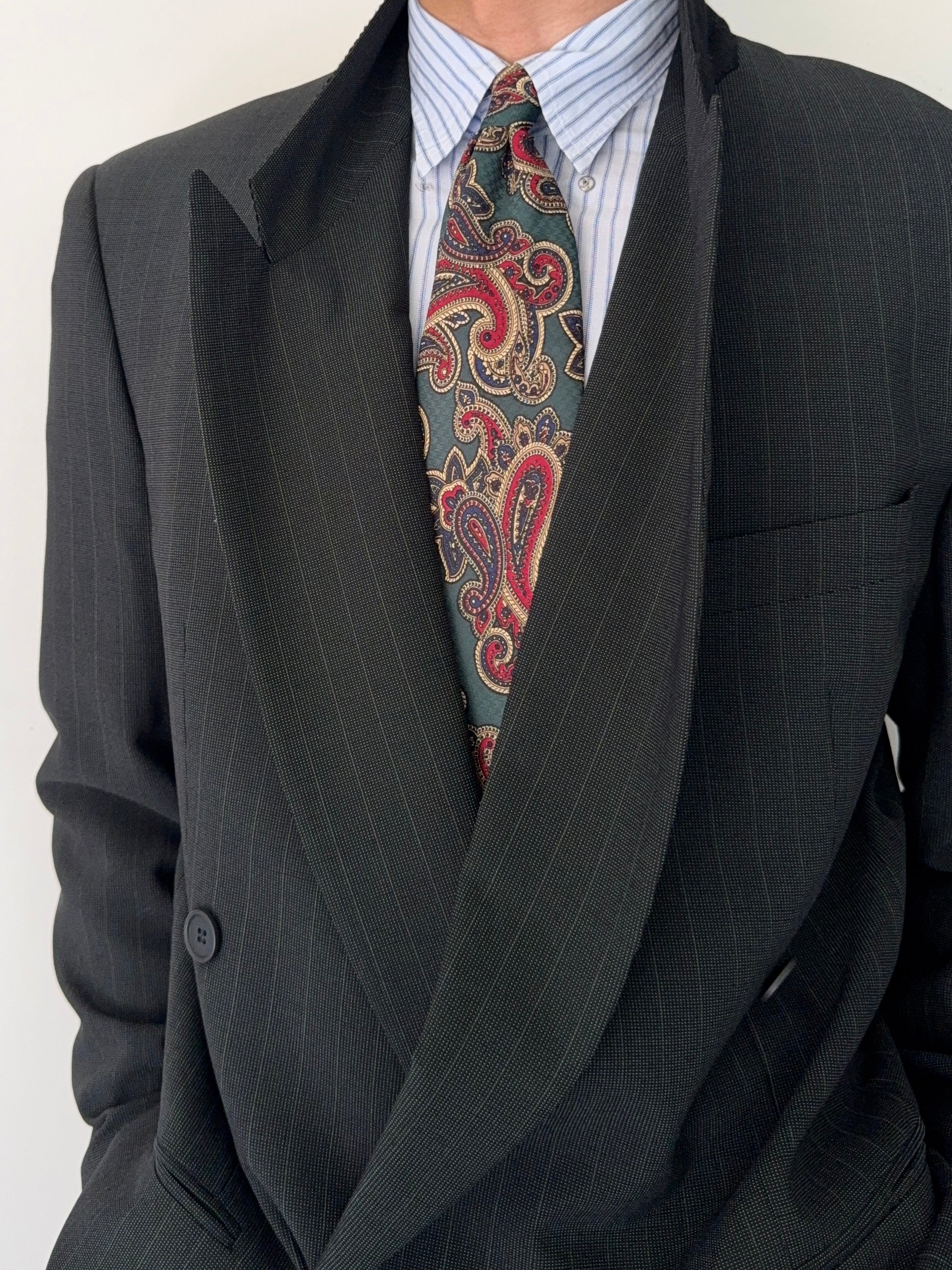 Giorgio Armani 1980s Peaked Lapel Double Breasted Wool Suit Green