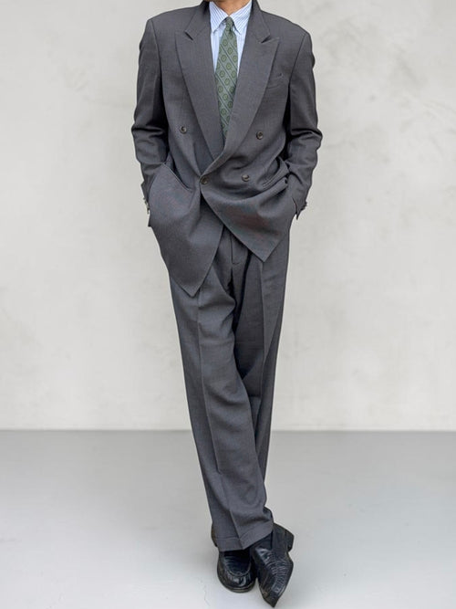 Armani 1990s Peaked Lapel Double Breasted Pleated Wool Grey Suit - Size L Jacket / 34" Waist