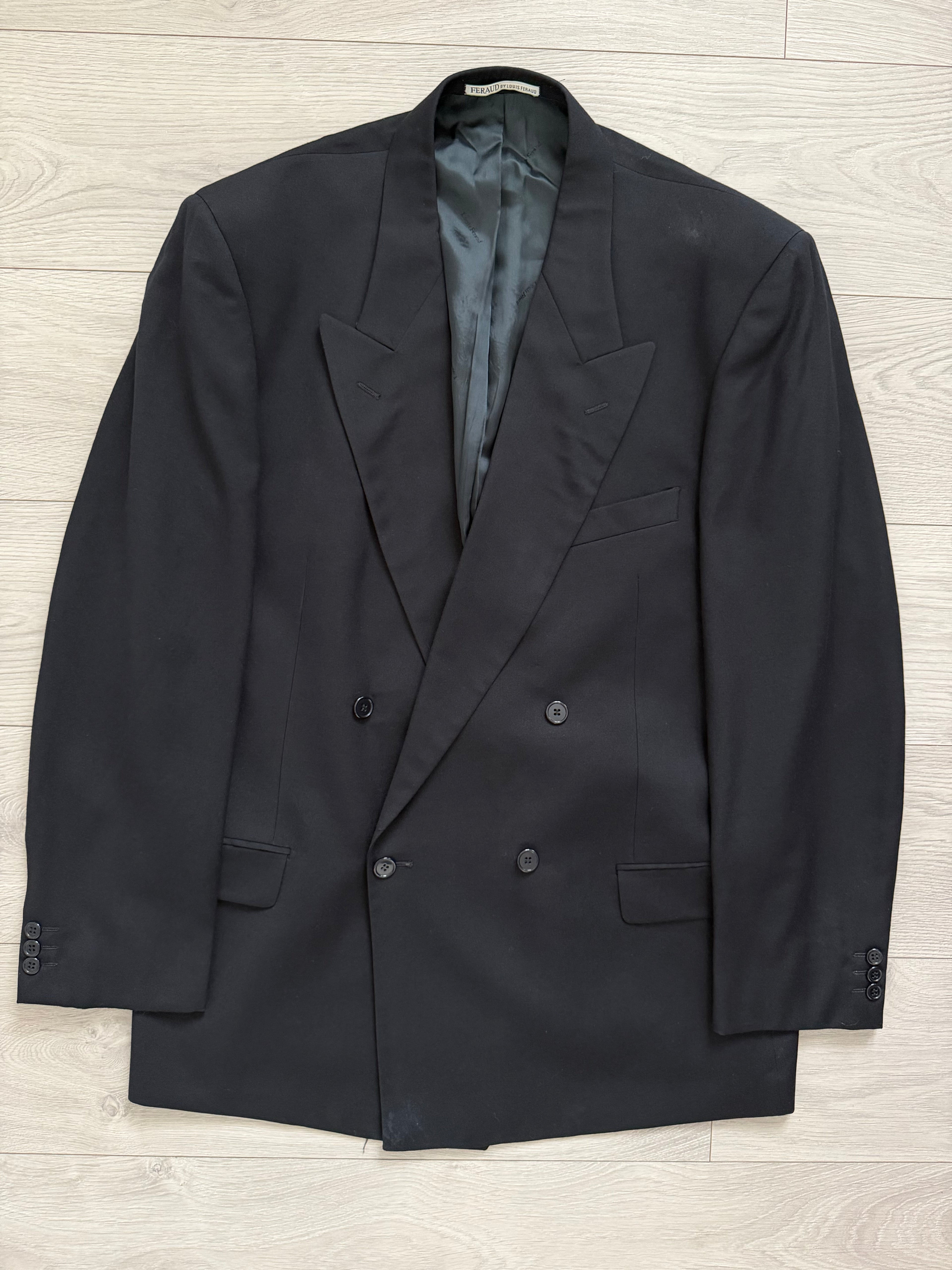 Louis Feraud Armani 1990s Peaked Lapel Pleated Double Breasted Wool Navy Suit - Size XXL Jacket / 38" Waist