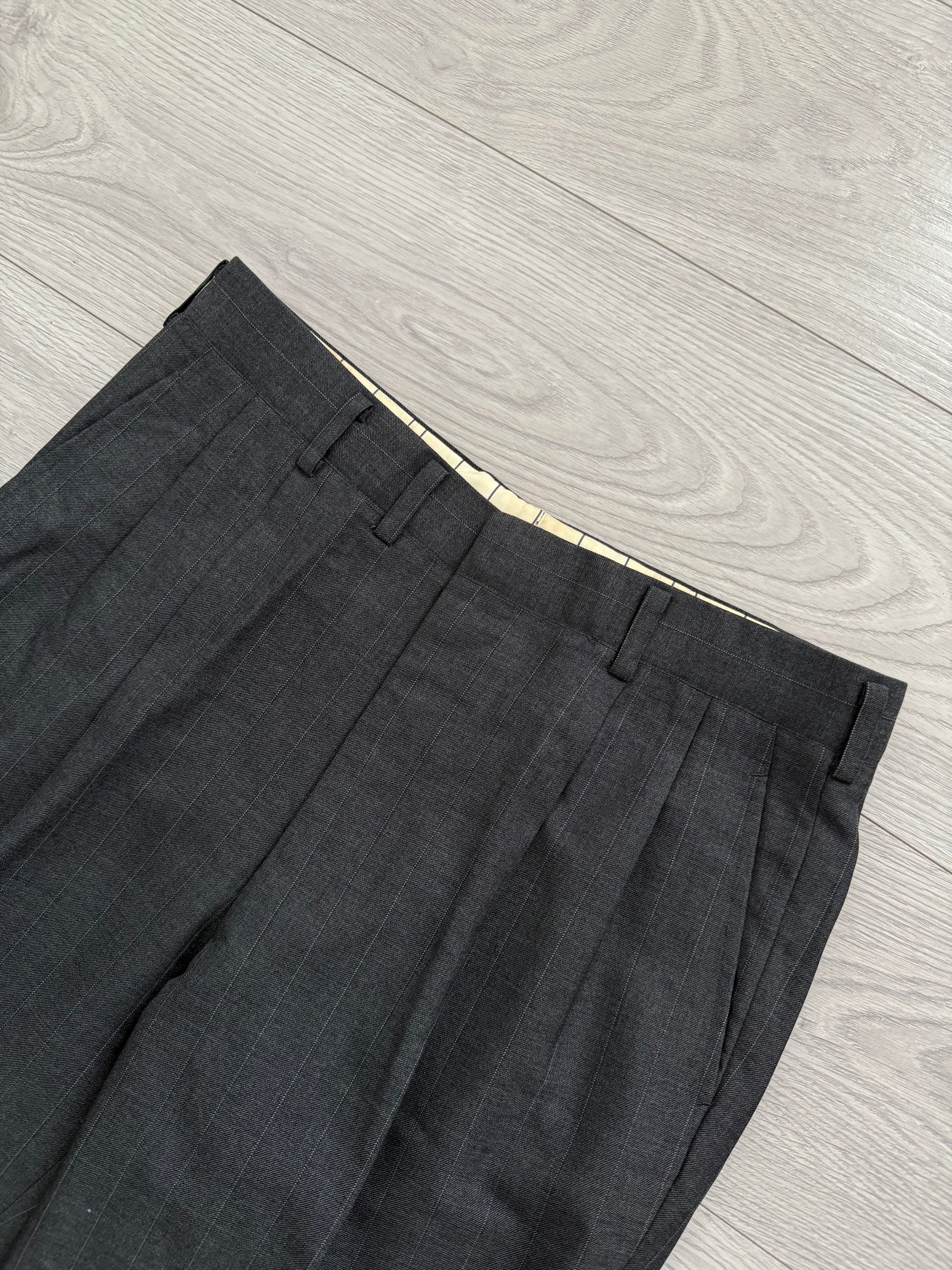 Yves Saint Laurent 1990s Double-Breasted Pleated Striped Grey Wool Suit - Size L Jacket / 32" Waist