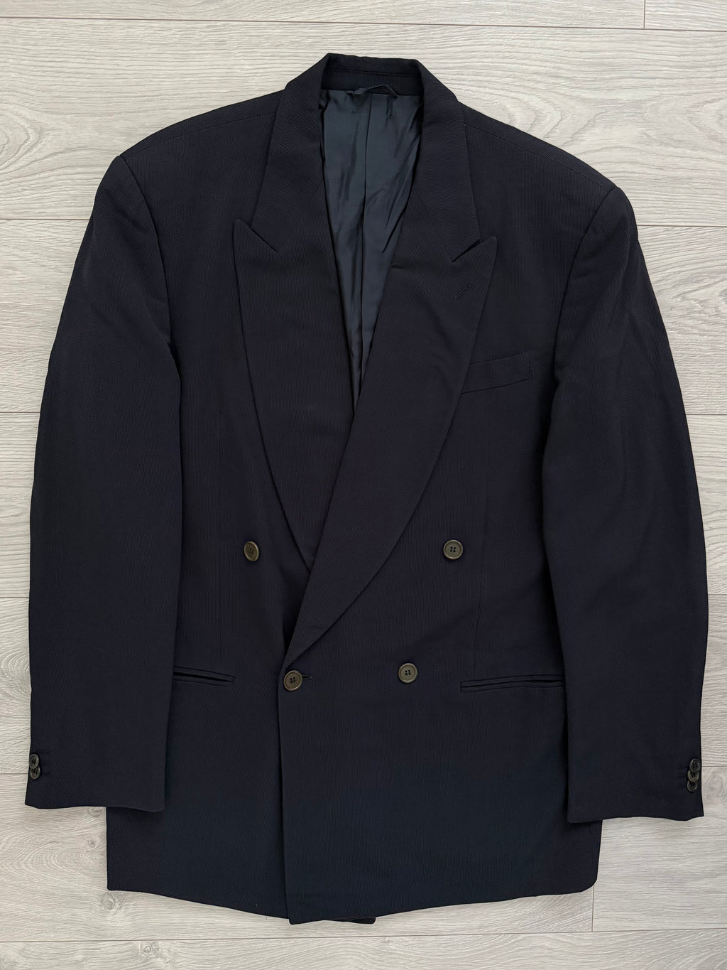 Giorgio Armani 1990s Double Breasted Pleated Navy Wool Suit  - Size L Jacket / 33" Waist