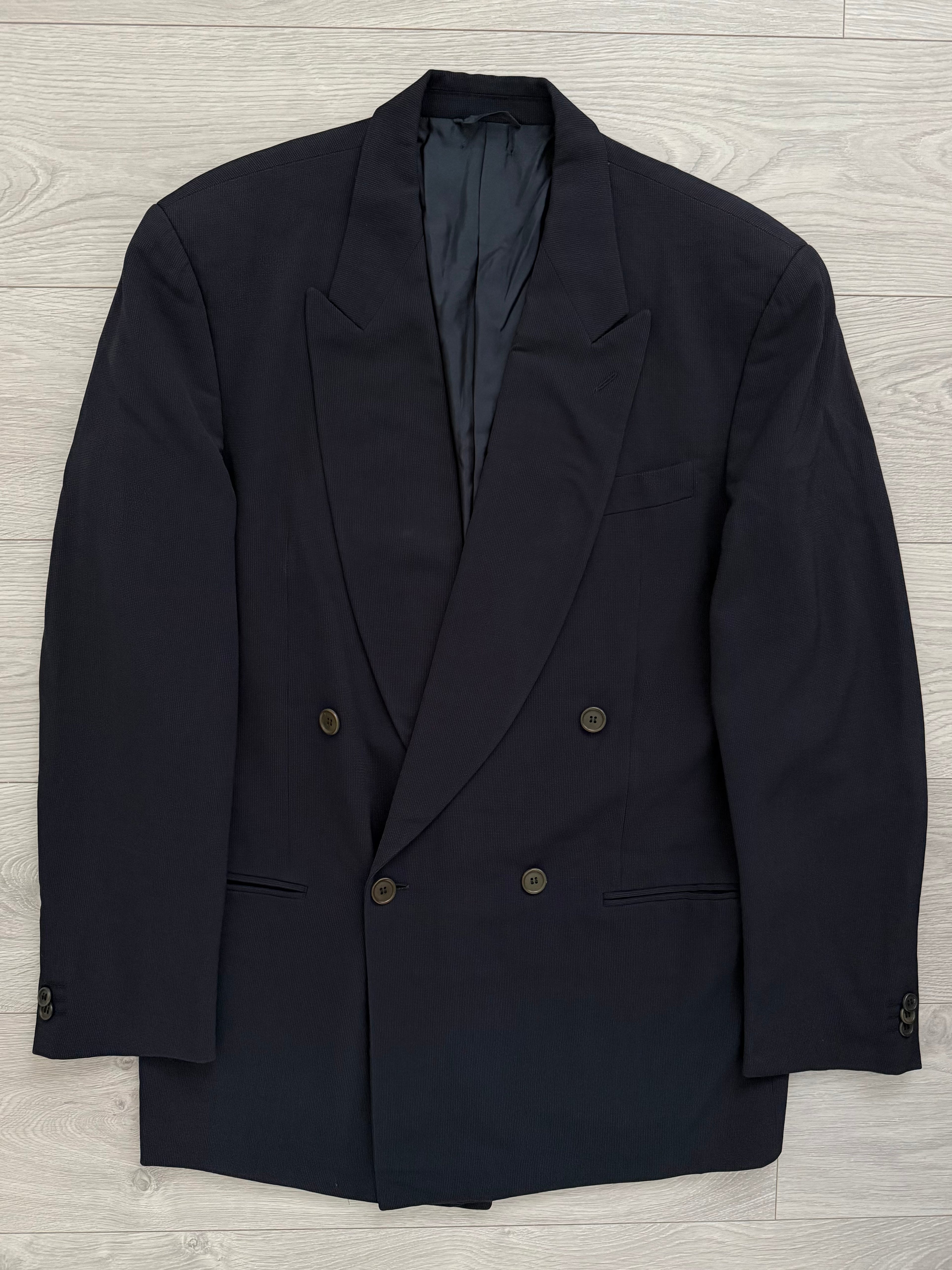 Giorgio Armani 1990s Double Breasted Pleated Navy Wool Suit  - Size L Jacket / 33" Waist