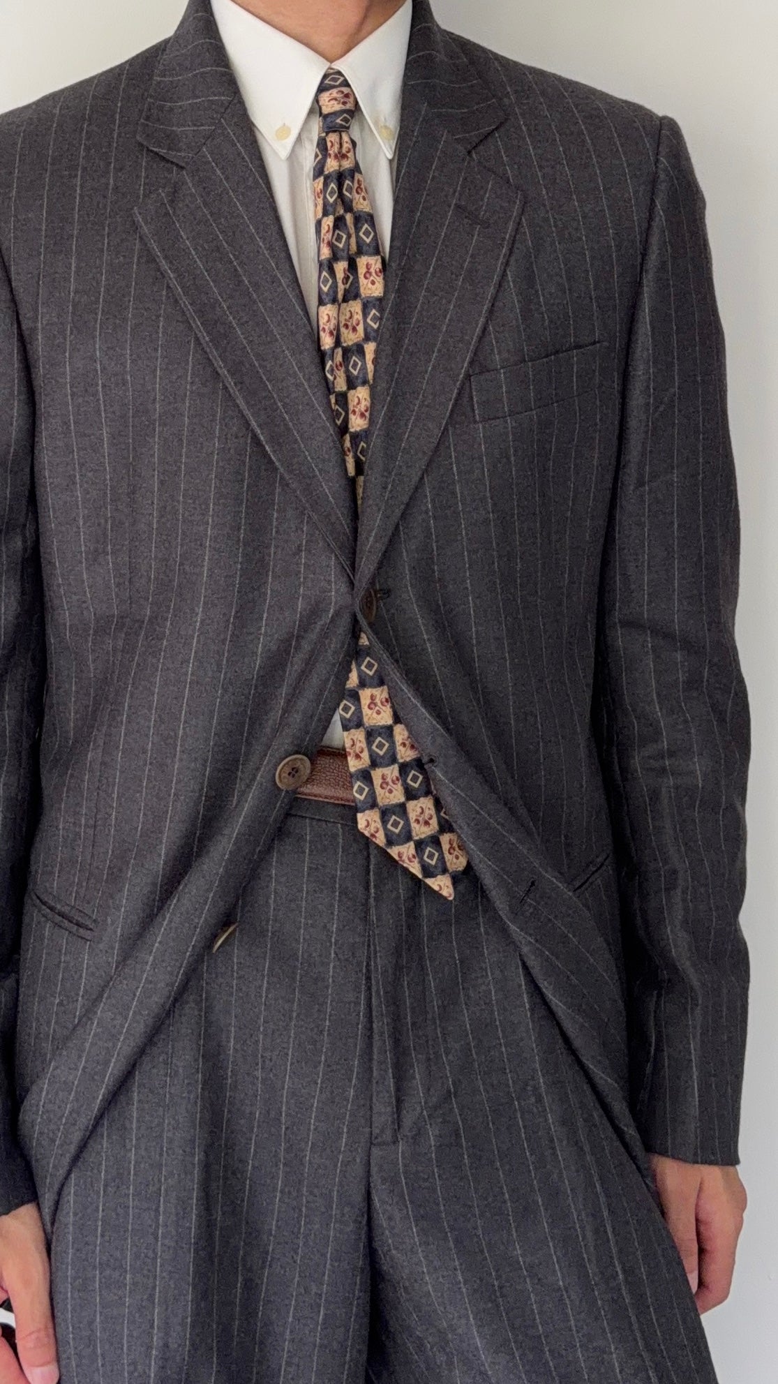 Giorgio Armani Black Label 1990s Cashmere 3B Pleated Striped Suit Grey - Size XL Jacket / 36" Waist