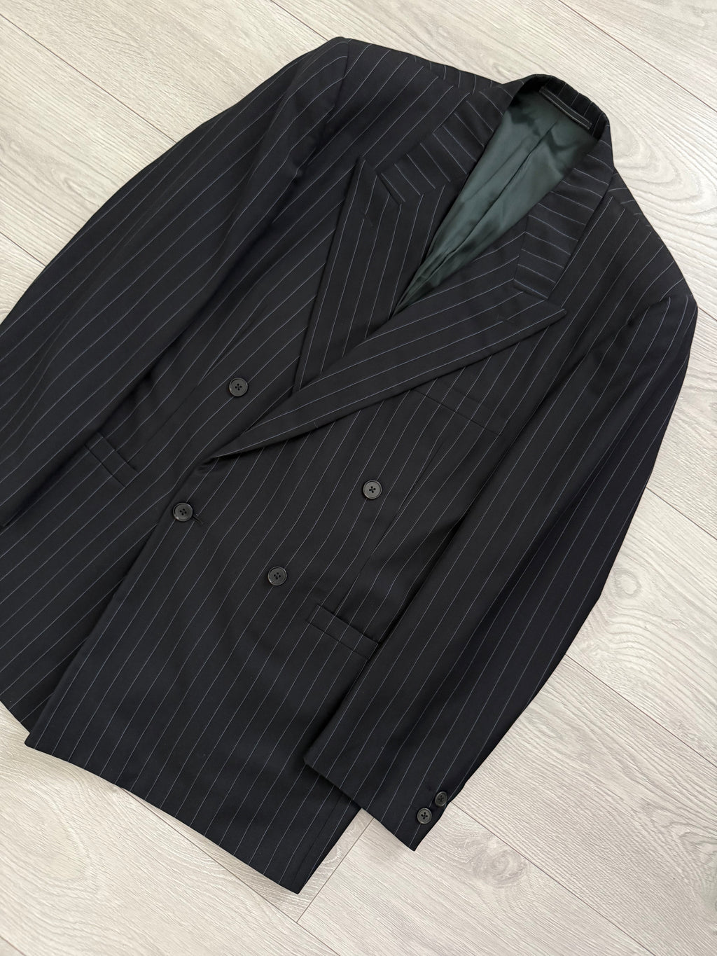 Versace 1980s Peak Lapel Double Breasted Triple Pleated Wool Striped Suit - Size L Jacket / 33" Waist