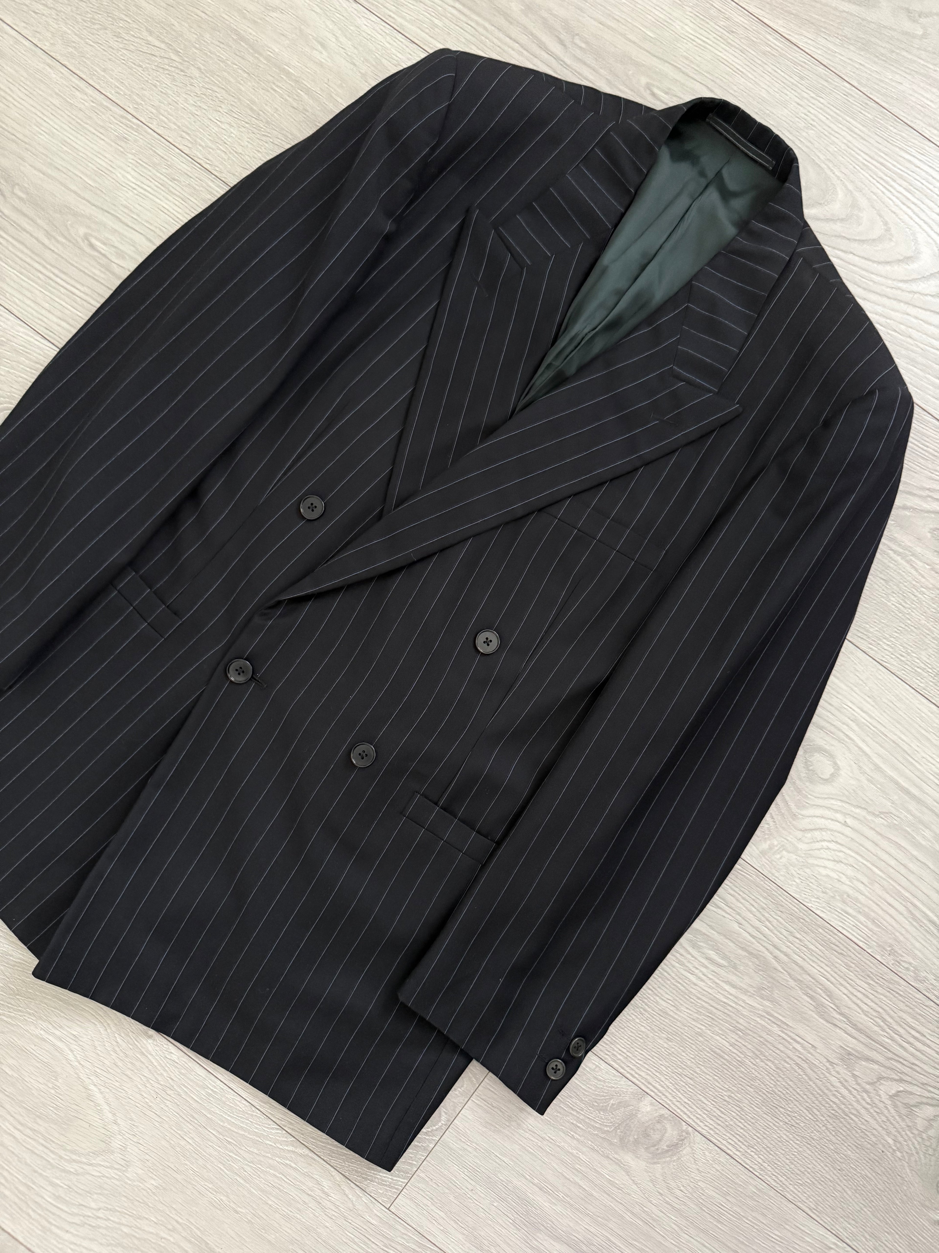Versace 1980s Peak Lapel Double Breasted Triple Pleated Wool Striped Suit - Size L Jacket / 33" Waist