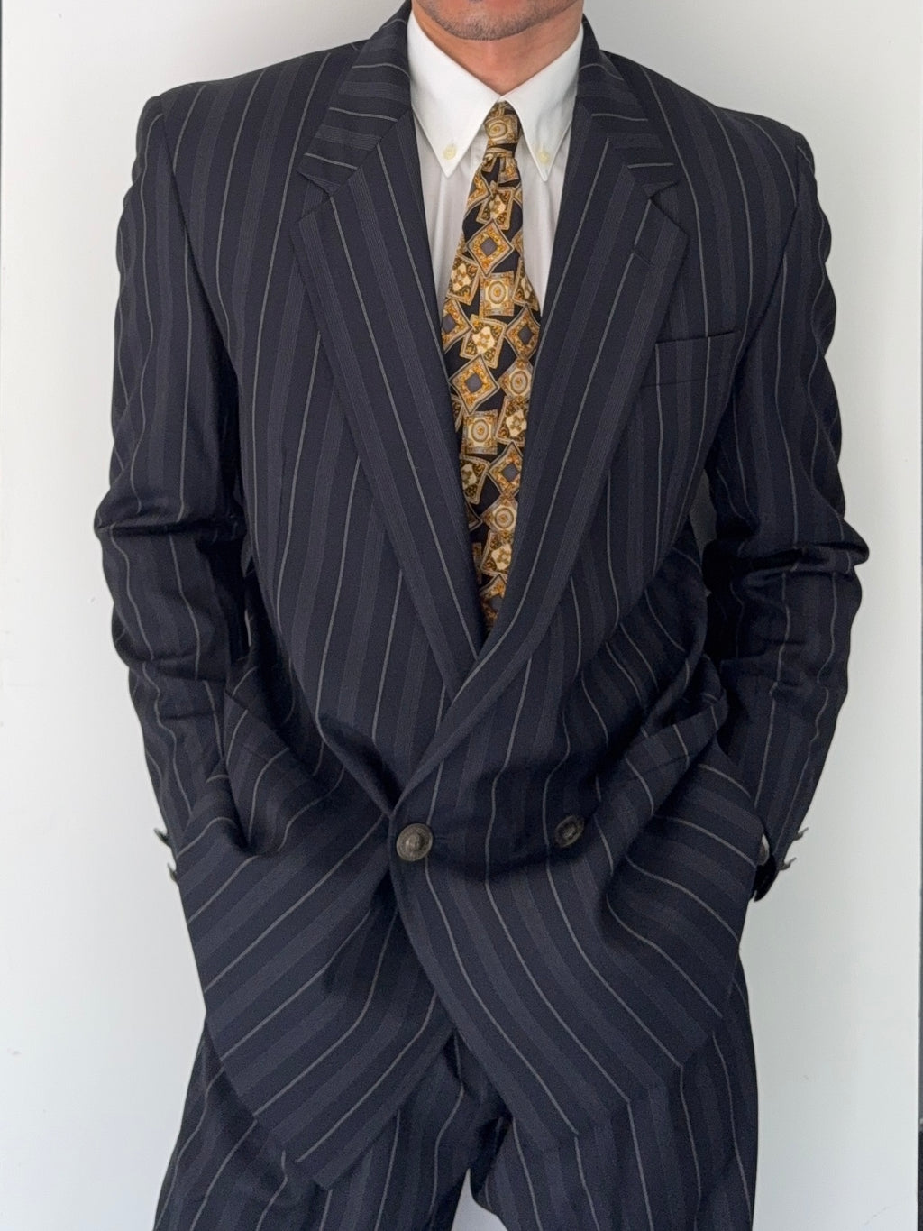 Versace 1980s Metal Button Notch Lapel Double Breasted Pleated Wool Striped Suit - Size S Jacket / 29" Waist