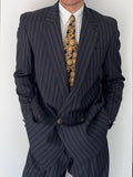 Versace 1980s Metal Button Notch Lapel Double Breasted Pleated Wool Striped Suit - Size S Jacket / 29" Waist
