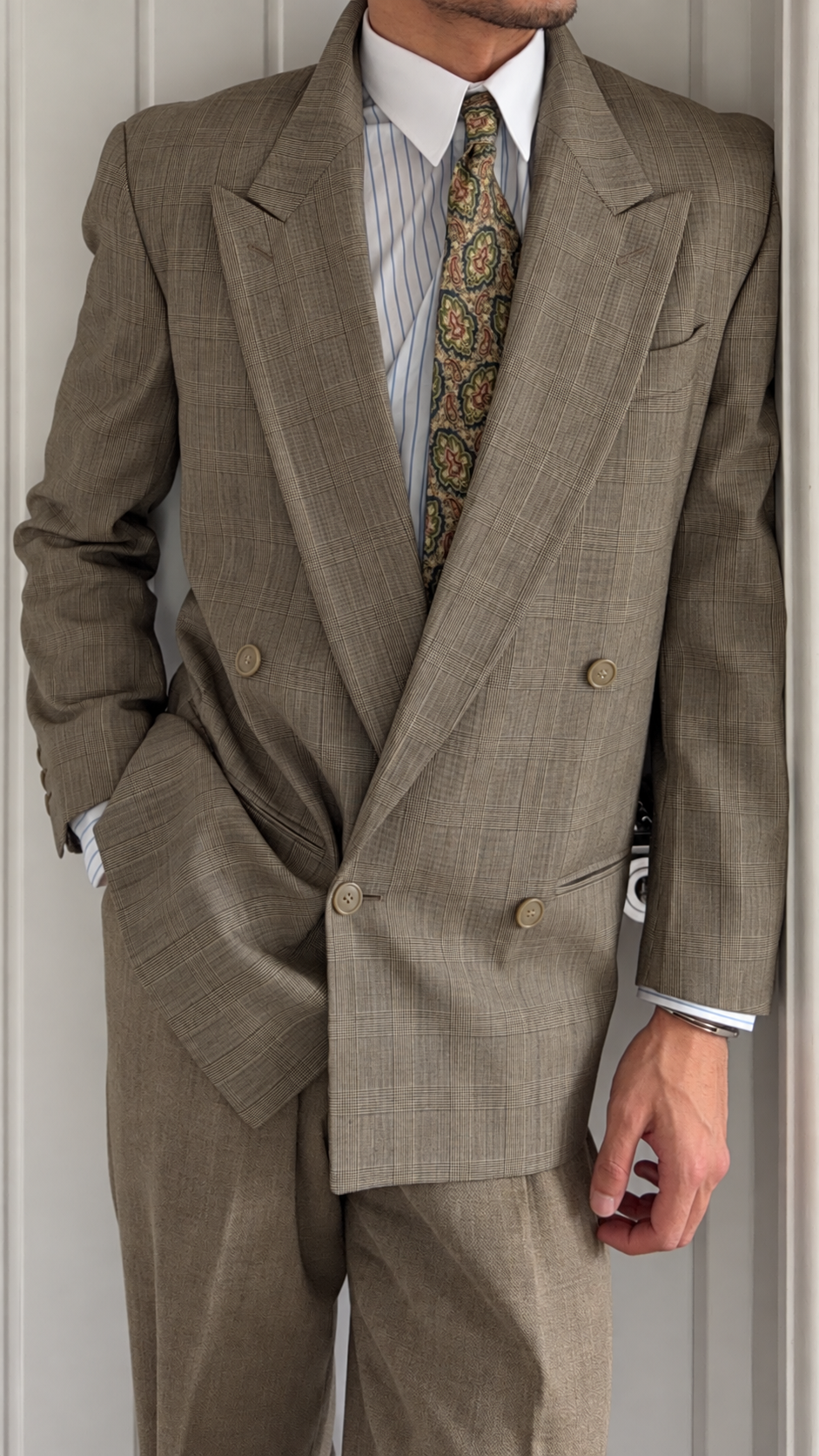 Emporio Armani 1980s Peaked Lapel Double Breasted Wool Check Sport Jacket Blazer - Size S