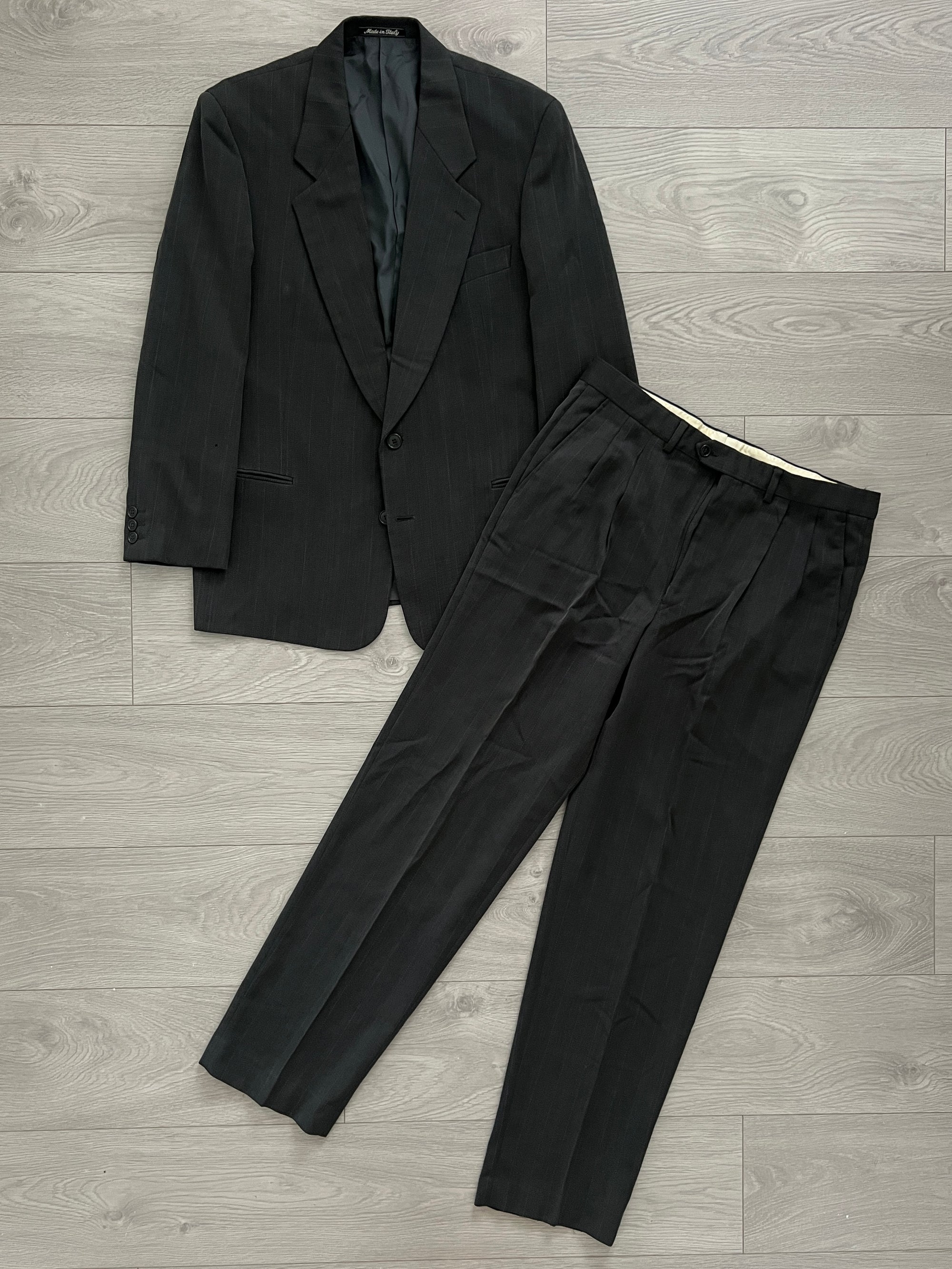 Giorgio Armani 1990s Striped Wool Grey Pleated Suit - Size L Jacket / 34" Waist