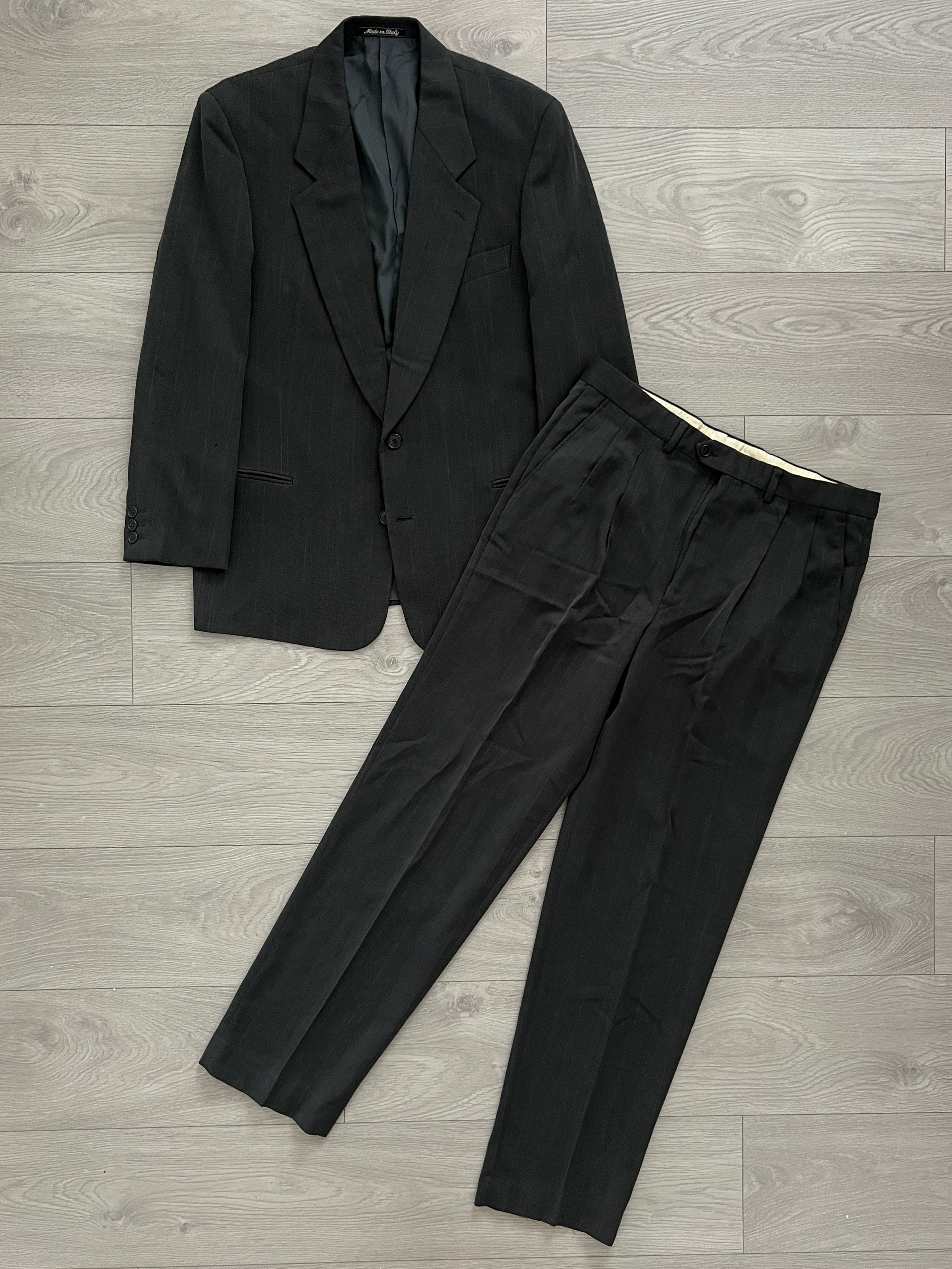 Giorgio Armani 1990s Striped Wool Grey Pleated Suit - Size L Jacket / 34" Waist
