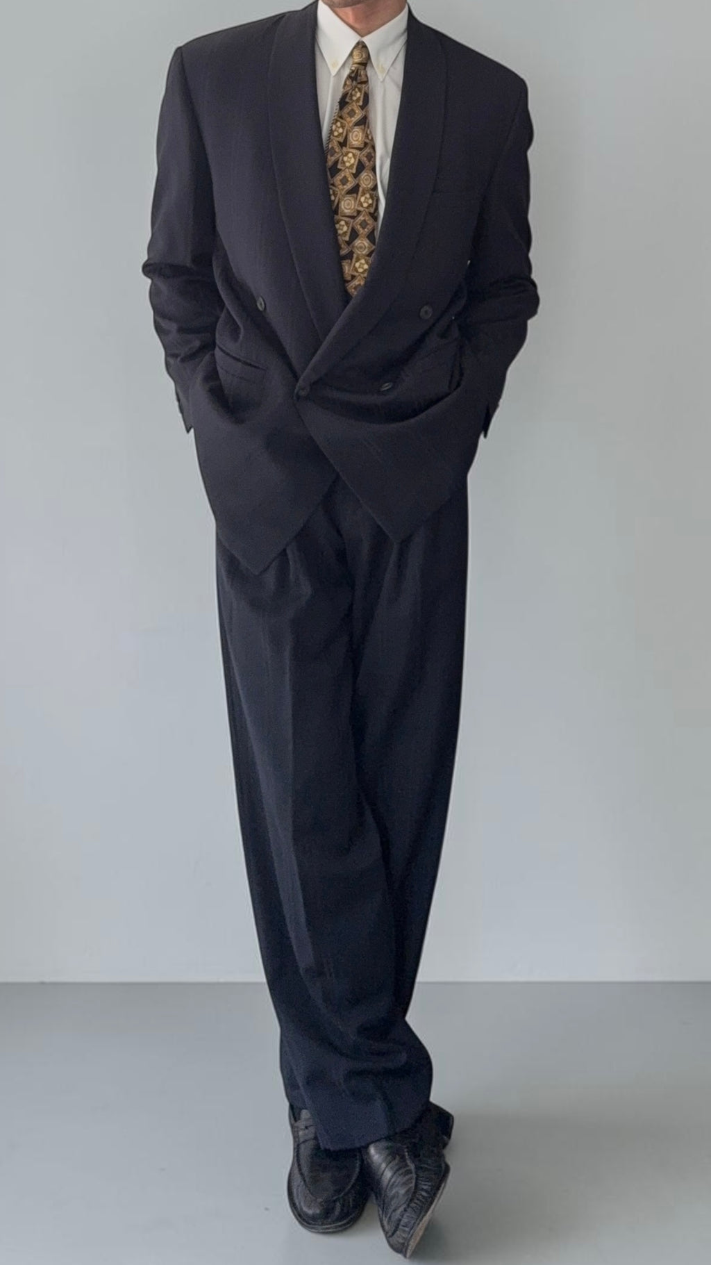 Versace 1980s Shawl Lapel Double Breasted Pleated Wool Striped Suit - Size M Jacket / 30" Waist