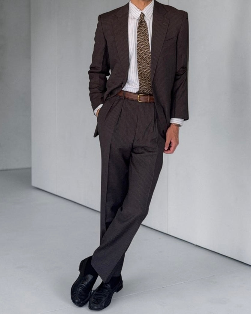 Burberry 1990s 2B Striped Wool Double-Pleat Espresso Grey Suit - Size M Jacket / 33" Waist