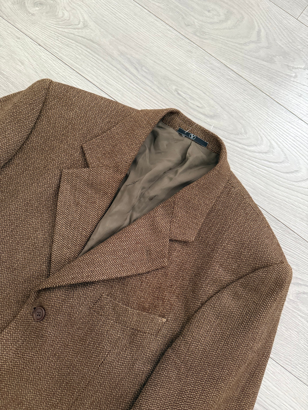 Valentino 1980s Micro Herringbone 3B Tobacco Brown Wool Sports Blazer Jacket - Size L