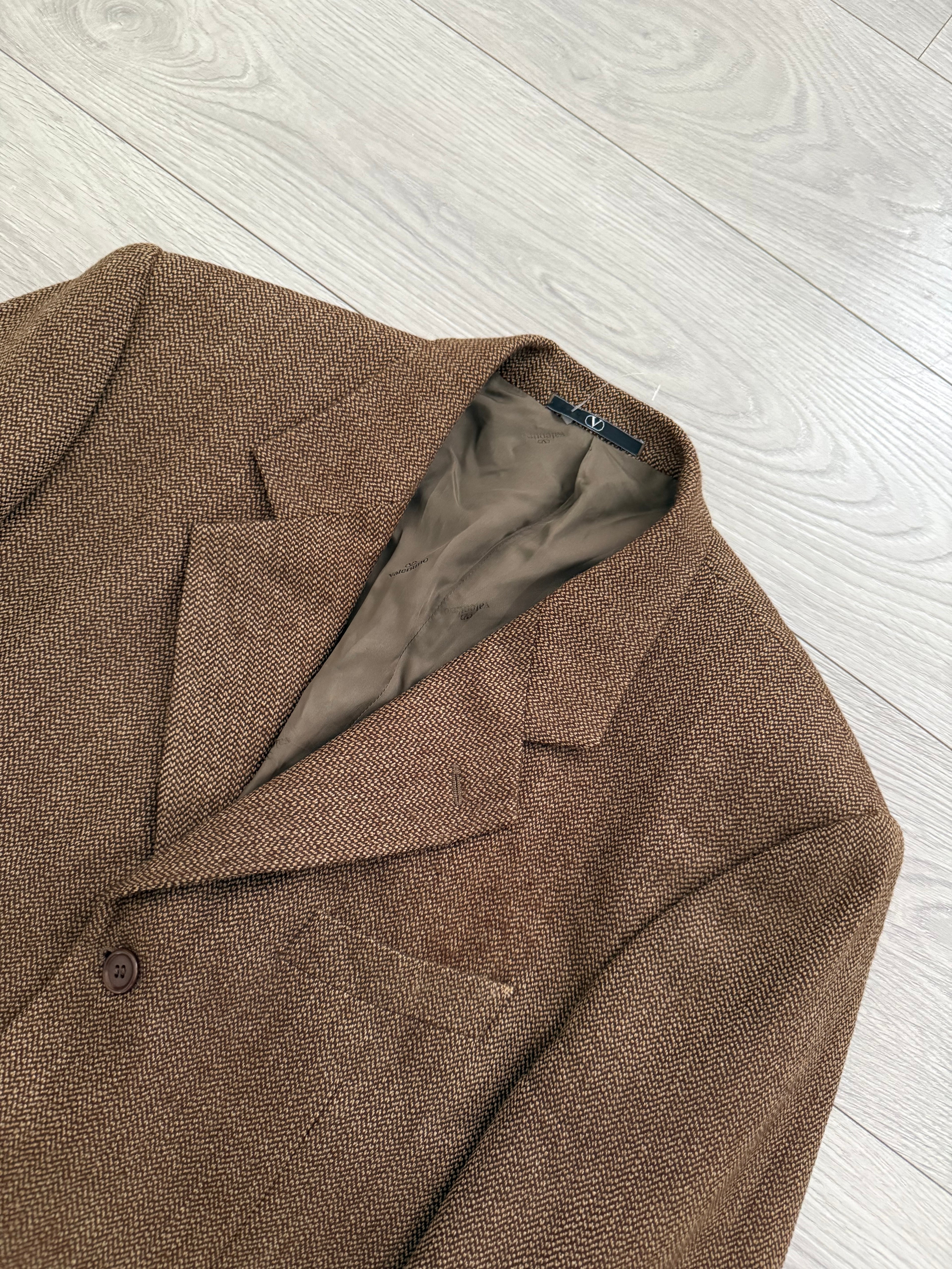 Valentino 1980s Micro Herringbone 3B Tobacco Brown Wool Sports Blazer Jacket - Size L
