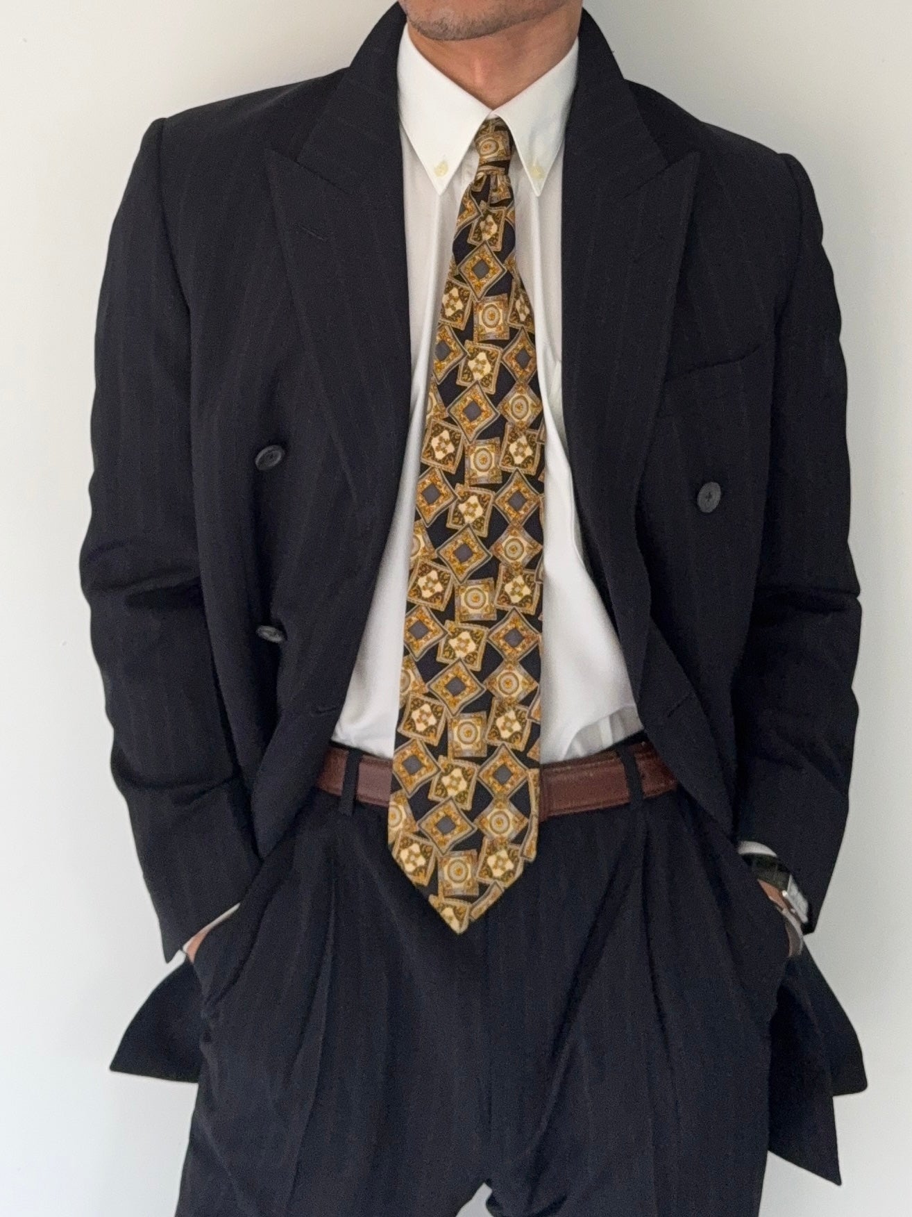 Versace 1980s 6B Peaked Lapel Double Breasted Pleated Wool Striped Suit - Size S Jacket / 33" Waist