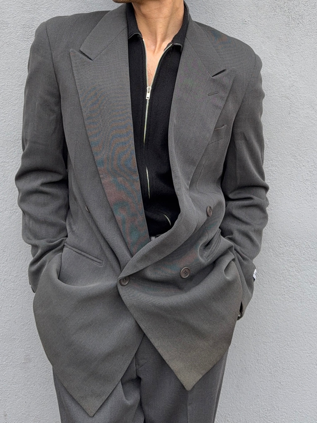 Giorgio Armani 1980s Double Breasted Pleated Wool Suit Steel Charcoal New - Size L Jacket / 32" Waist