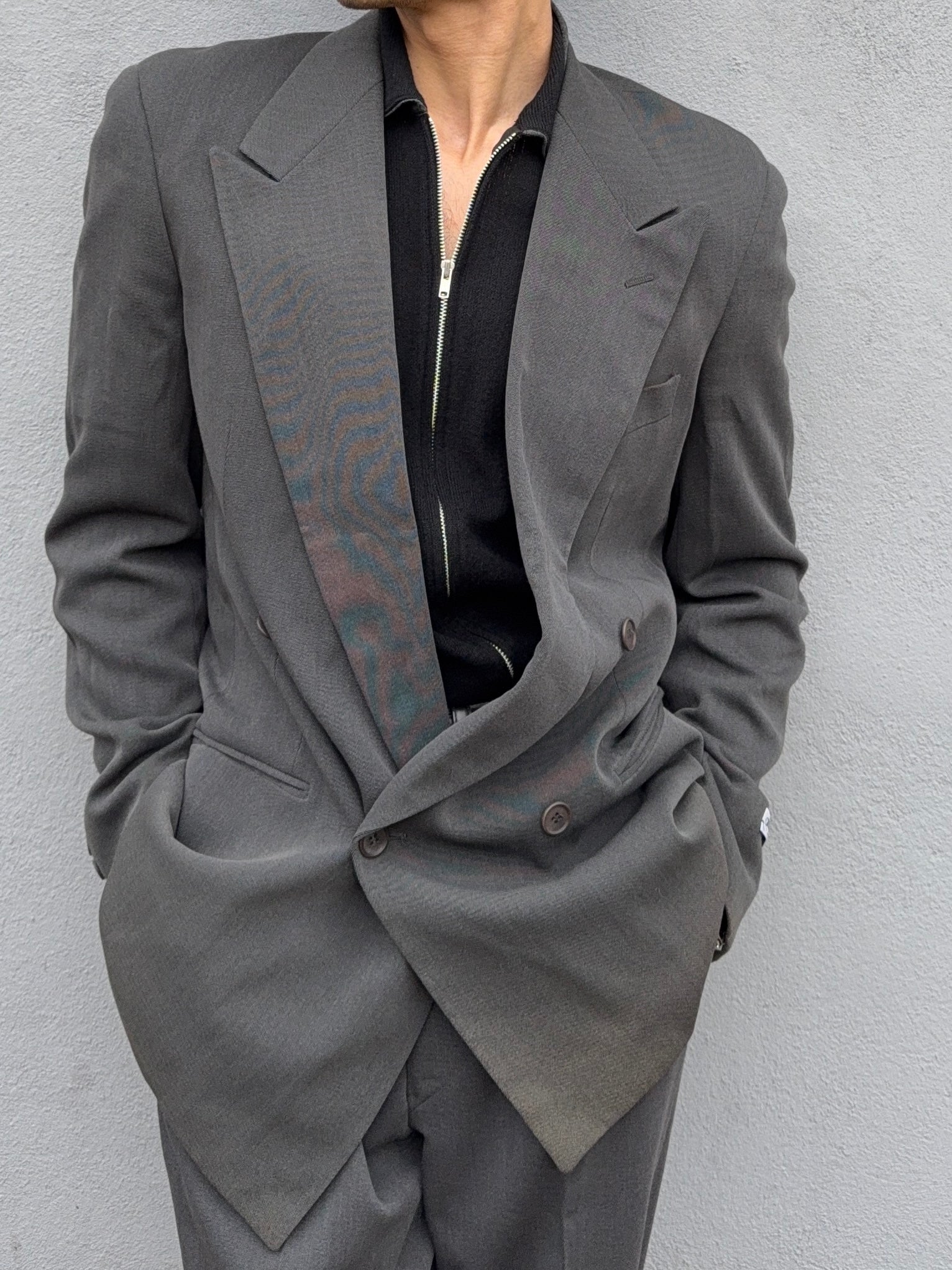 Giorgio Armani 1980s Double Breasted Pleated Wool Suit Steel Charcoal New - Size L Jacket / 32" Waist