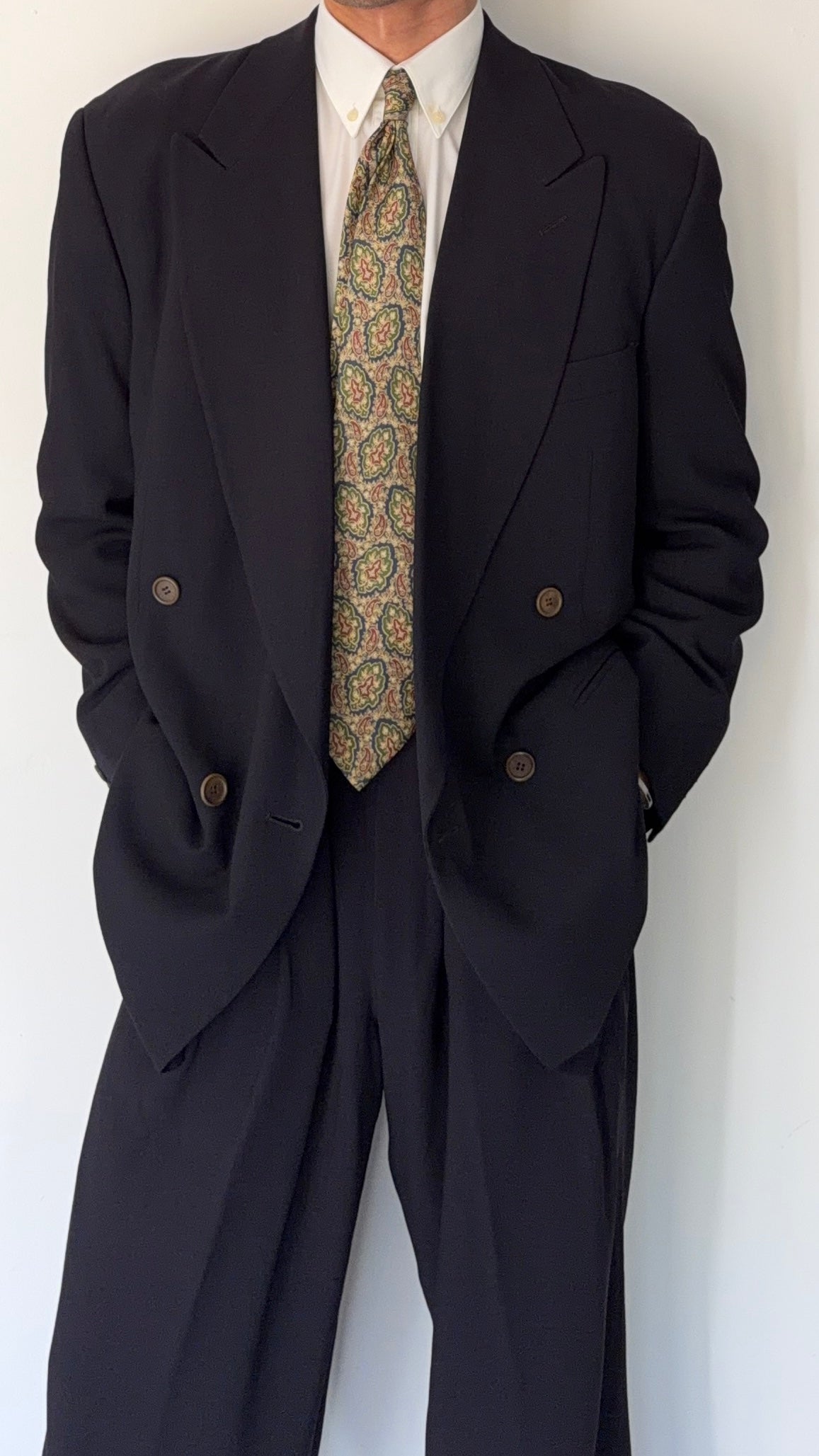 Giorgio Armani 1990s Black Label Peaked Lapel Double Breasted Navy Wool Pleated Draped Suit - Size L Jacket / 34" Waist