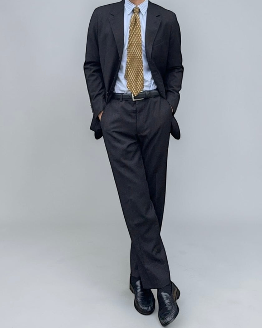 Armani 1990s 3B Grey Striped Pleated Wool Suit - Size S Jacket / 31" Waist