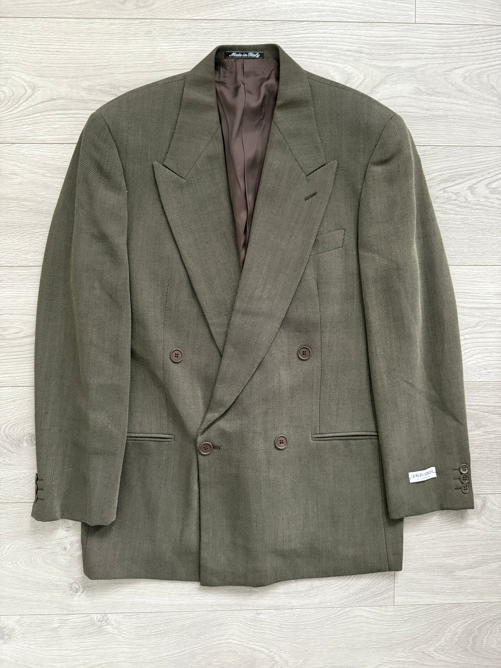 Giorgio Armani 1980s Double Breasted Pleated Wool Suit Olive Taupe New - Size L Jacket / 32" Waist