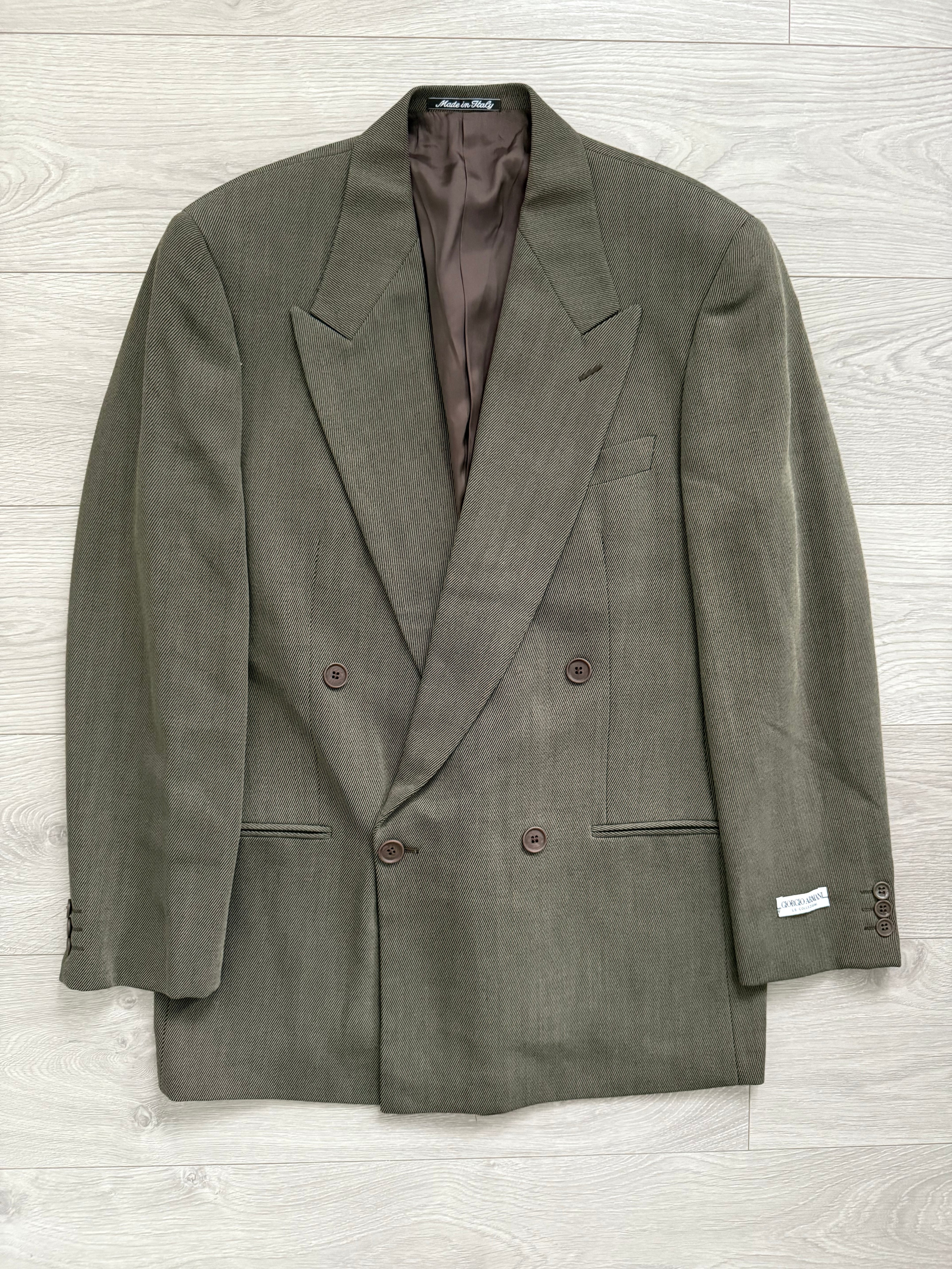 Giorgio Armani 1980s Double Breasted Pleated Wool Suit Olive Taupe New - Size L Jacket / 32" Waist
