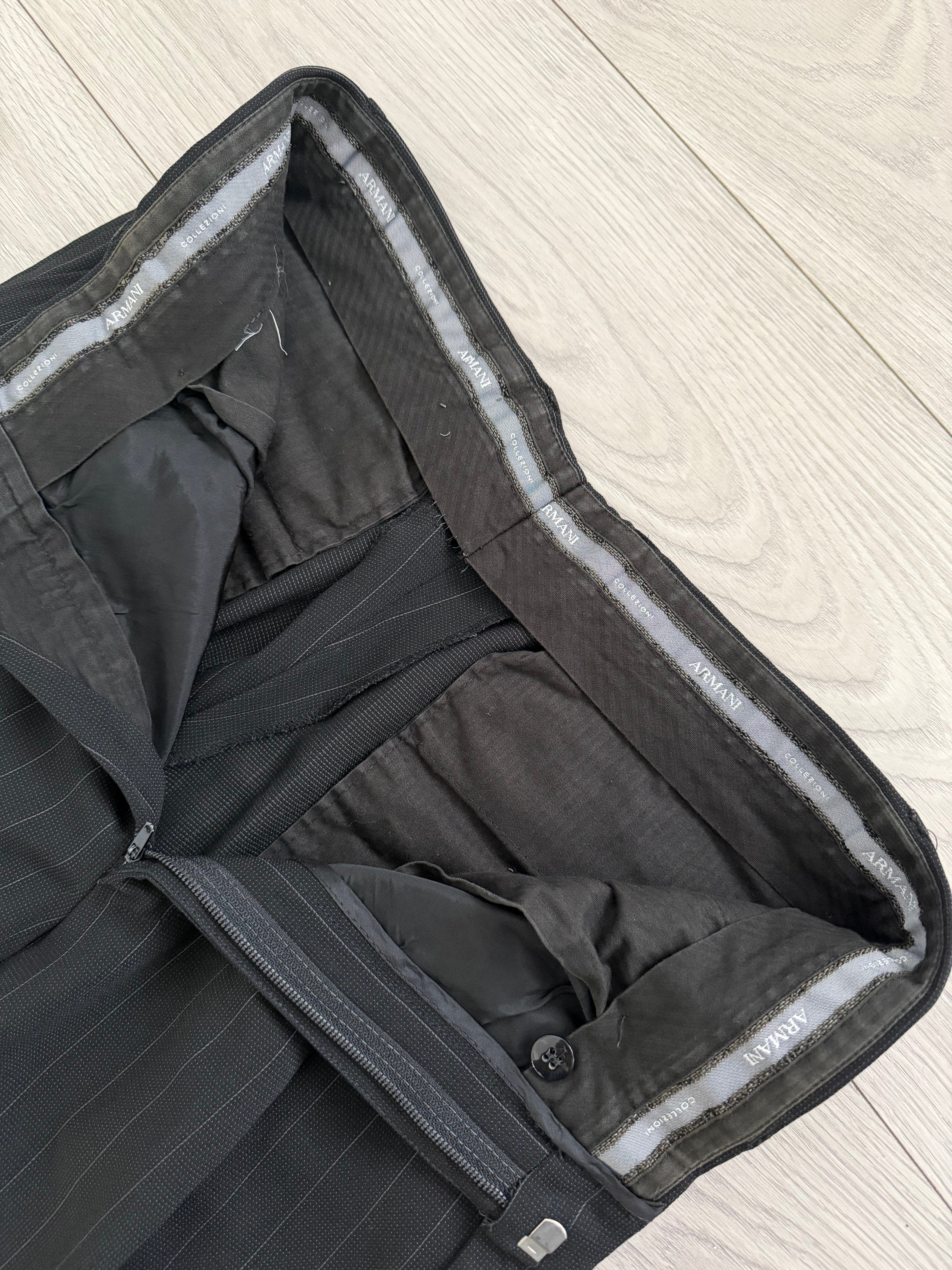 Armani 1990s Peaked Lapel Double Breasted Pinstripe Textured Wool Suit - Size M Jacket / 31" Waist