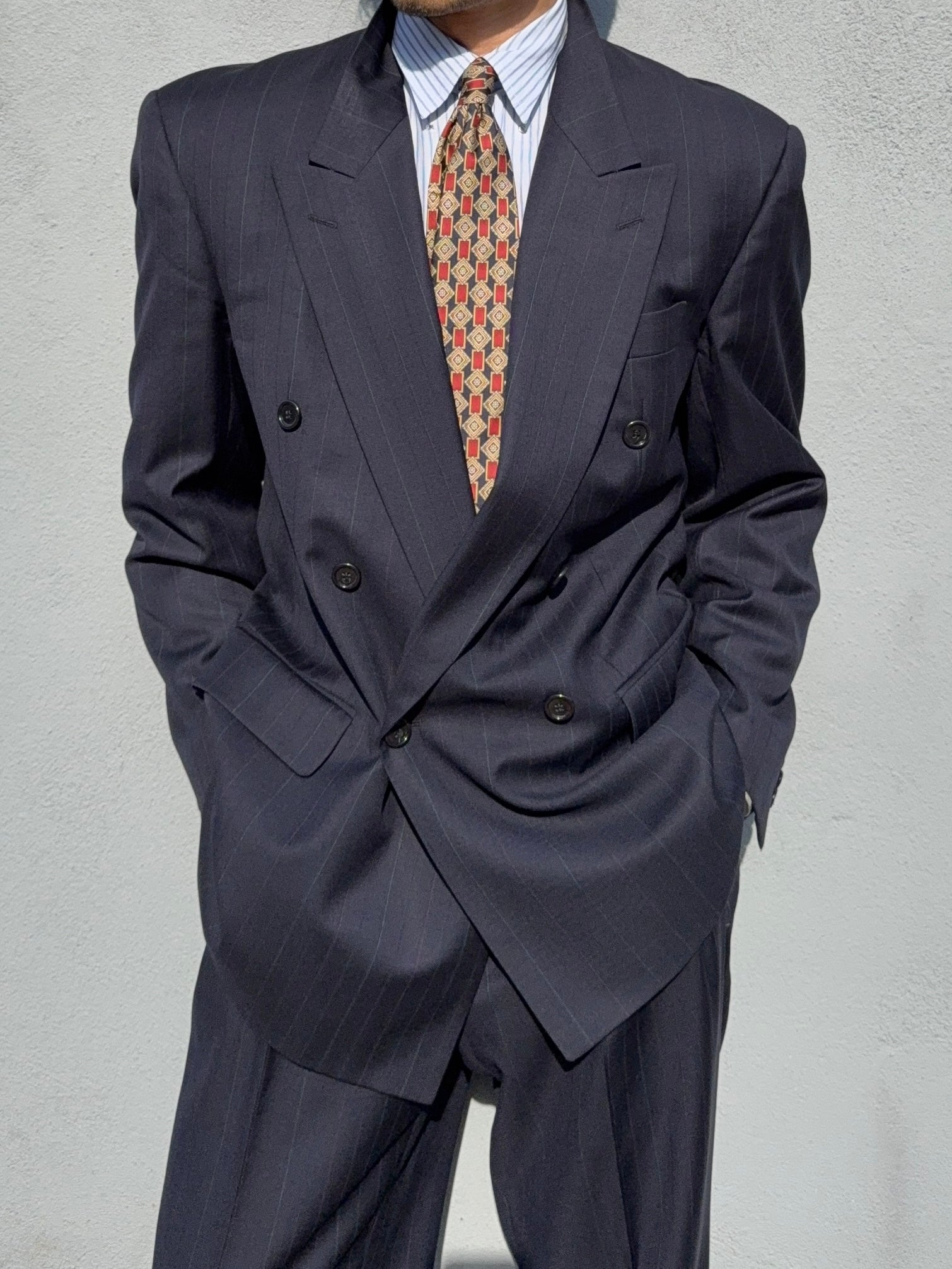 Hugo Boss 1980s 'Mitford' Peaked Lapel Double Breasted Pleated Wool Suit - Size M Jacket / 32" Waist