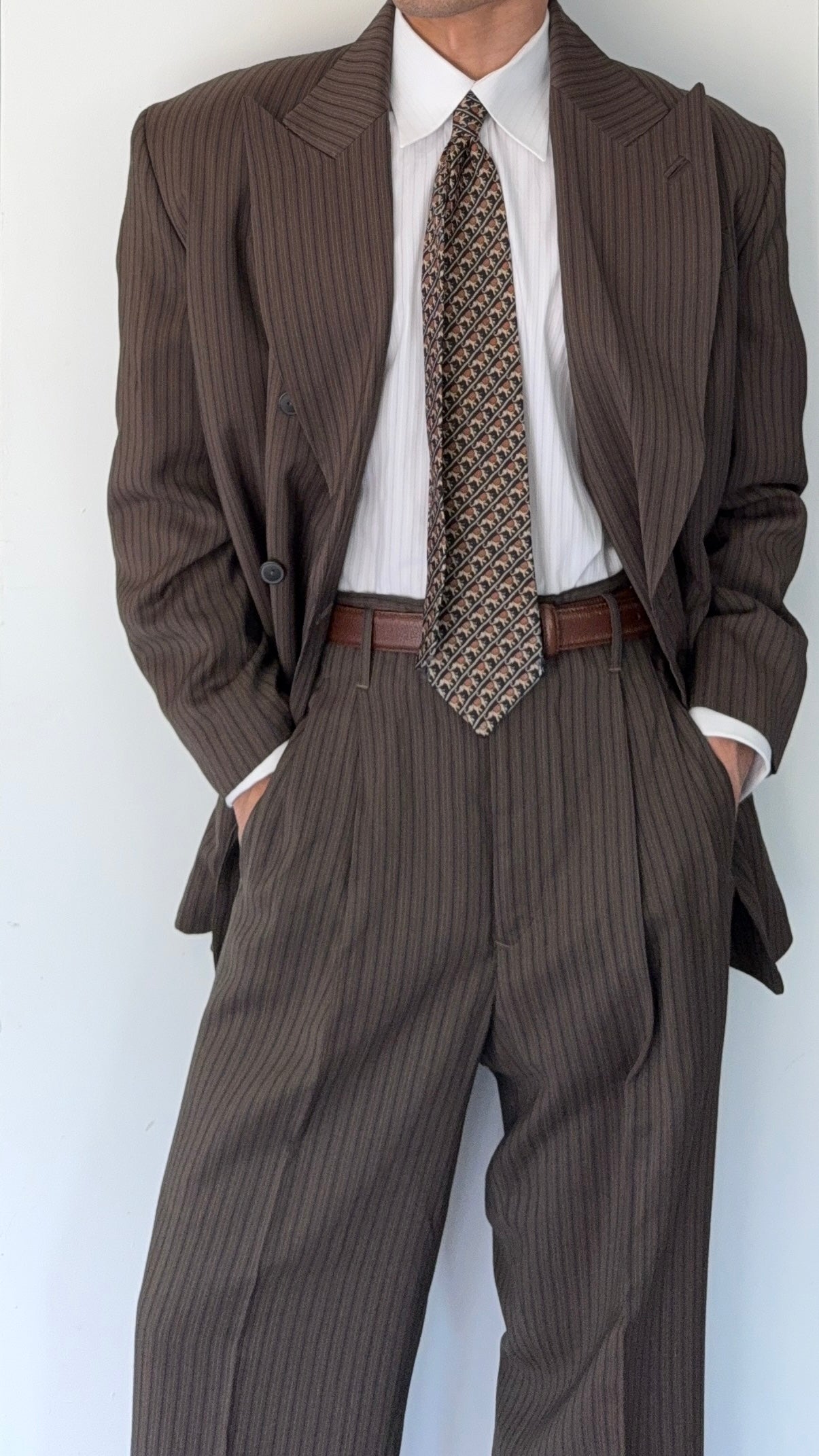 Jean Paul Gaultier 1990s Peaked Lapel Double Breasted Pleated Textured Suit - Size XL Jacket / 34" Waist