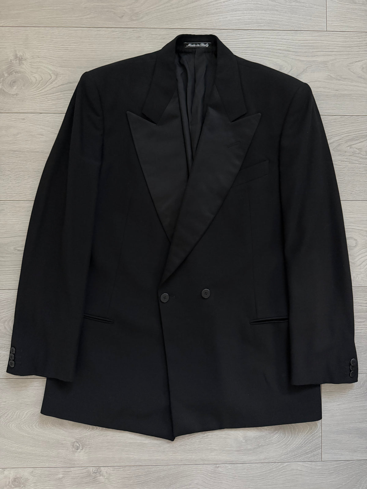 Giorgio Armani 1980s Peaked Lapel Double Breasted Wool Tuxedo Jacket Blazer - Size L
