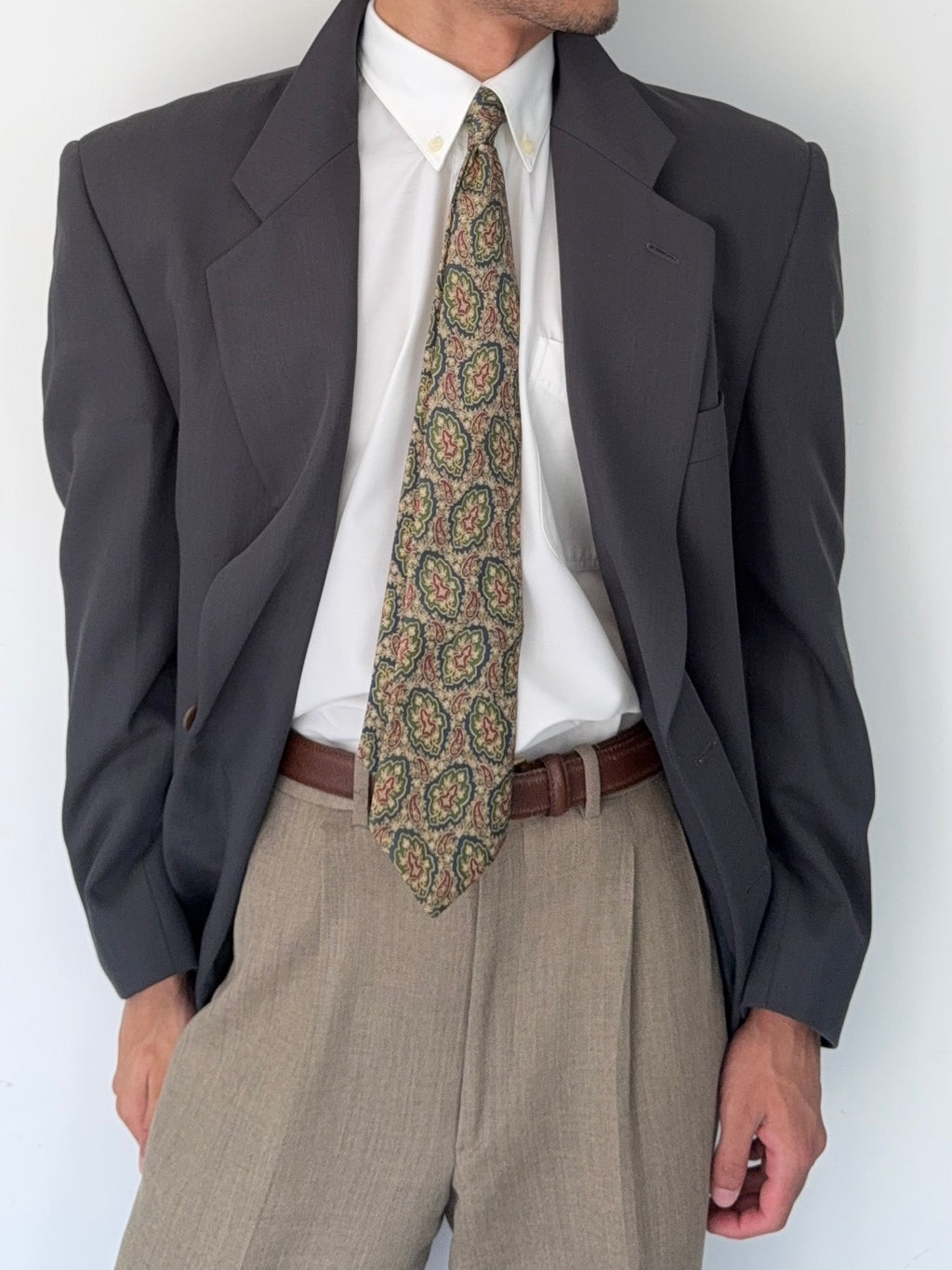 Hilton Armani Vesitmenta 1990s 2B Draped Wool Sports Jacket Blazer Charcoal Green - Size L