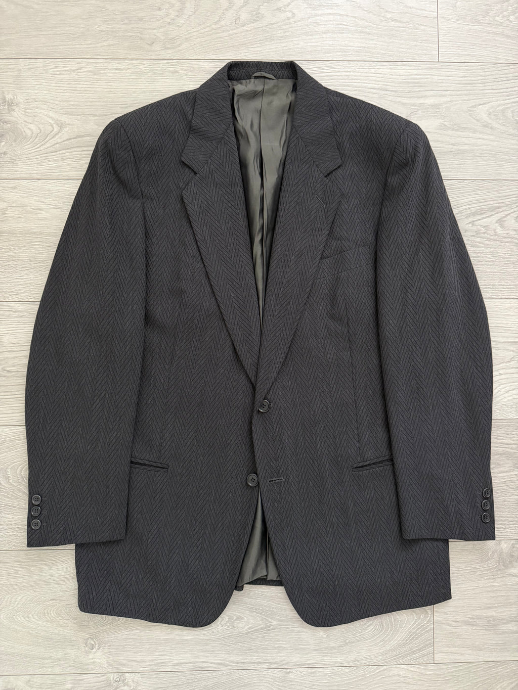 Hilton Armani 1980s 2B Chevron Herringbone Weave Wool Draped Jacket - Size L