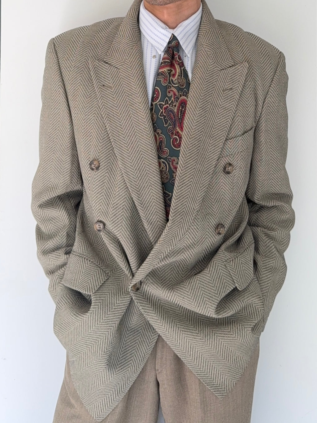 Hugo Boss 1980s 'Zeus' Peaked Lapel Double Breasted Herringbone Wool Sports Blazer Jacket - Size L