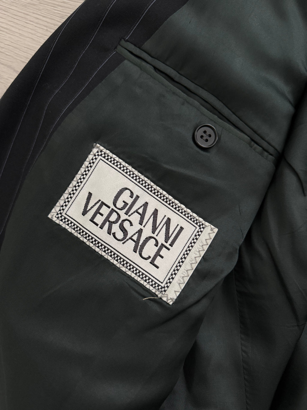 Versace 1980s Peak Lapel Double Breasted Triple Pleated Wool Striped Suit - Size L Jacket / 33" Waist