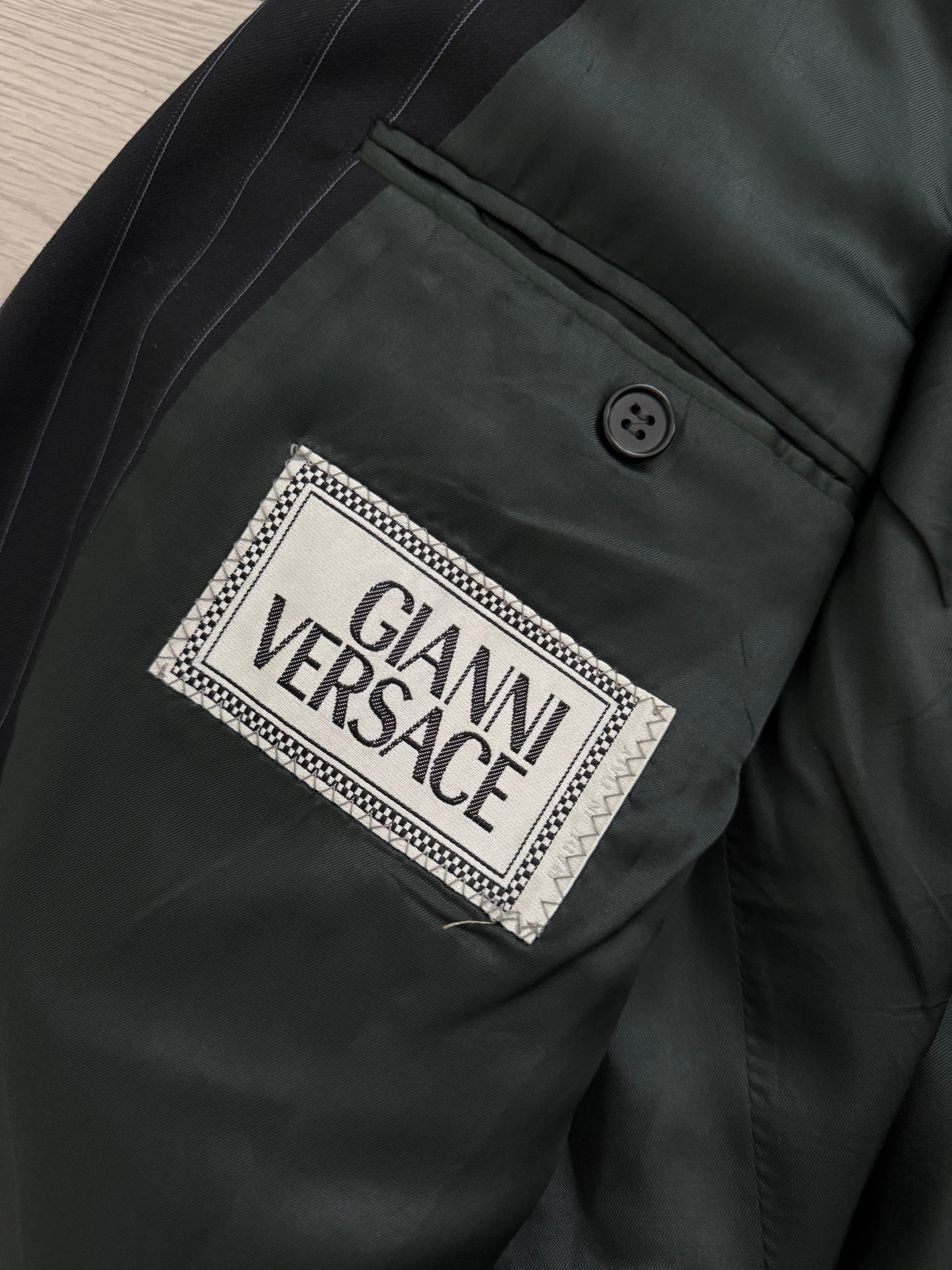 Versace 1980s Peak Lapel Double Breasted Triple Pleated Wool Striped Suit - Size L Jacket / 33" Waist