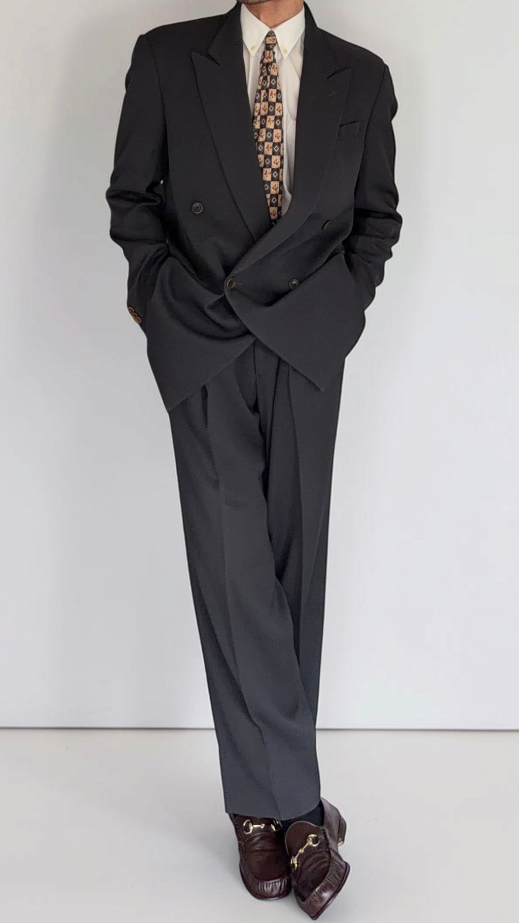 Armani 1990s Peaked Lapel Double Breasted Pleated Wool Silk Suit Dark Forest Green - Size L Jacket / 34" Waist